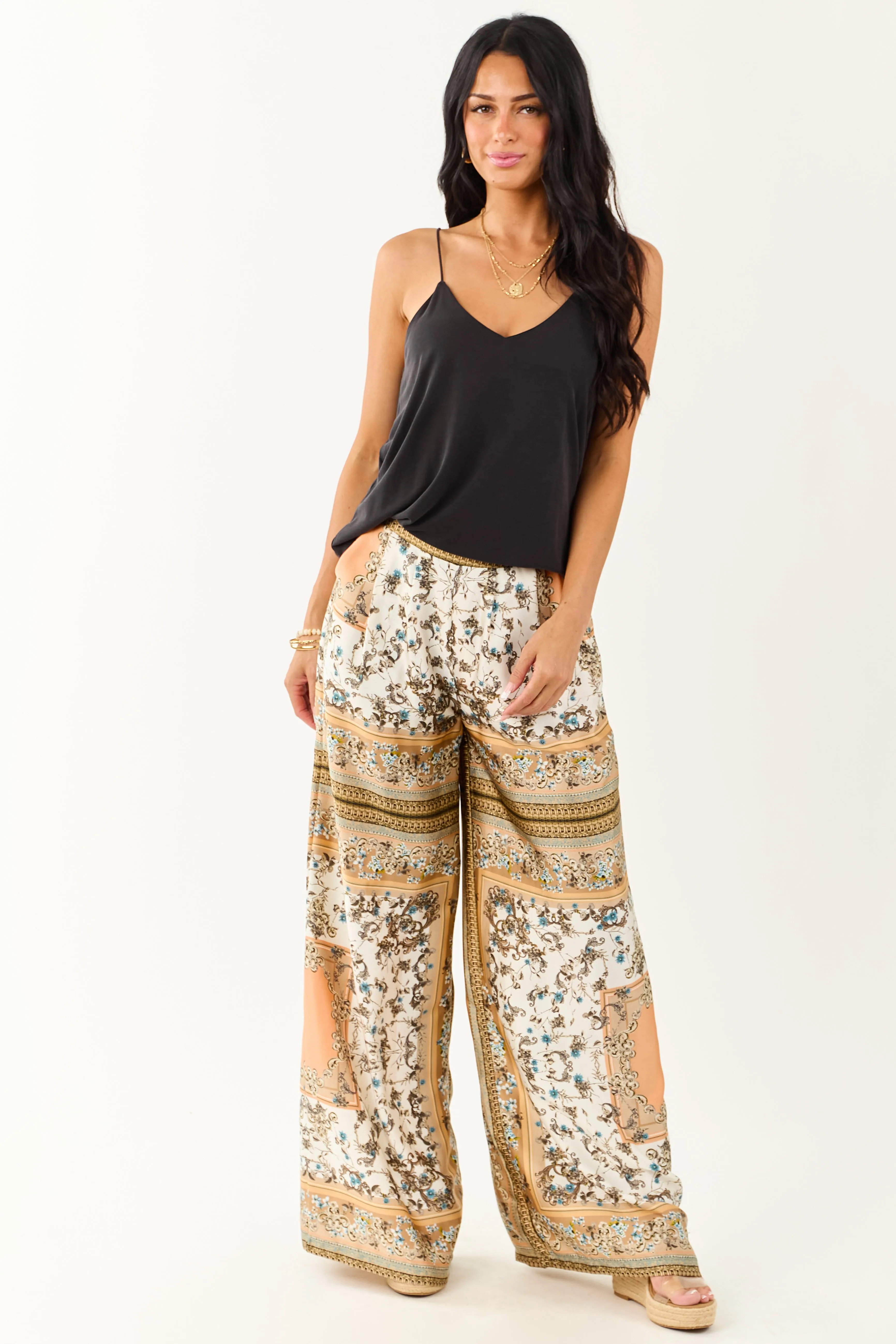 Ivory Scarf Print Satin Flowy Wide Leg Pants sold by Lime Lush product image thumbnail 5