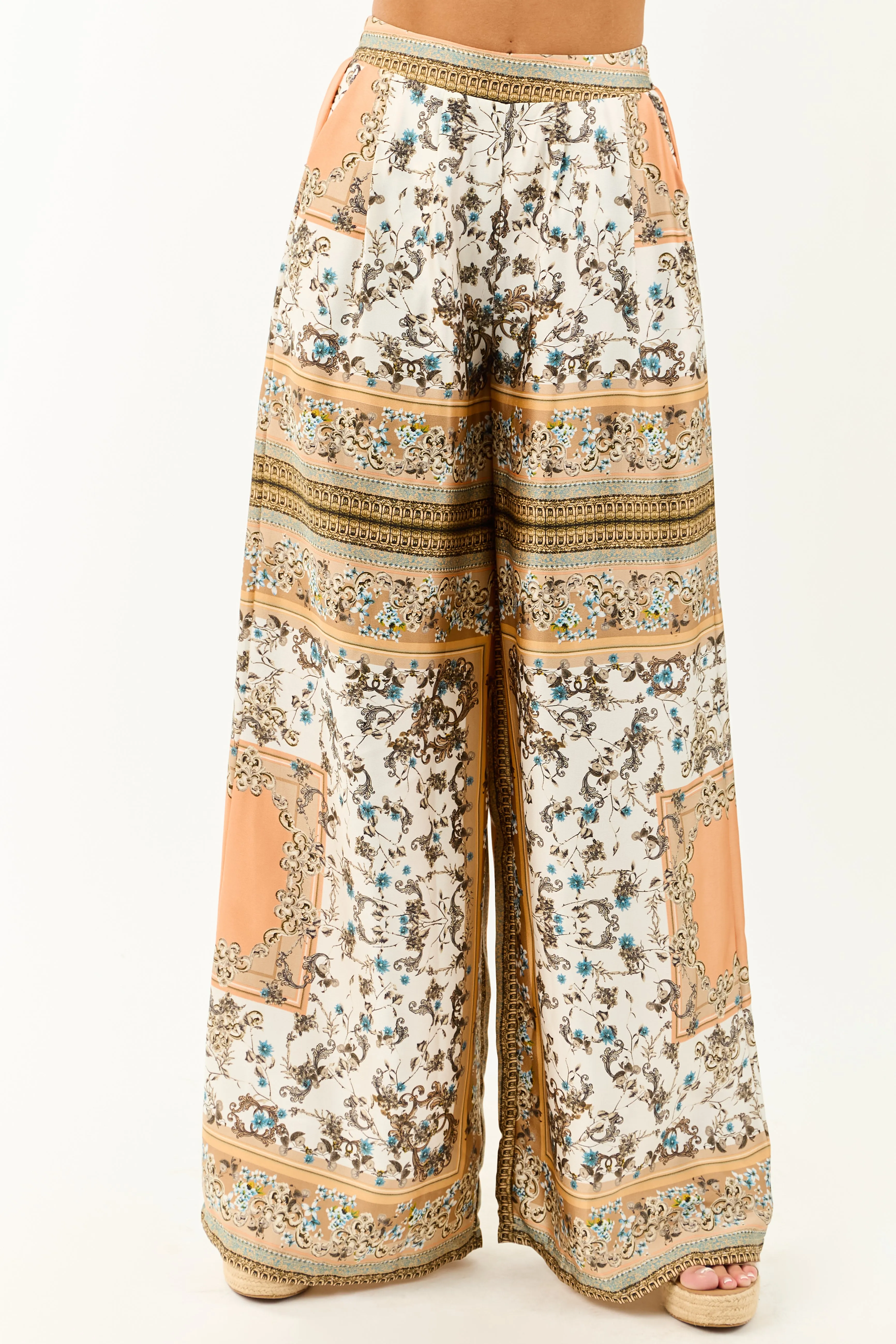 Ivory Scarf Print Satin Flowy Wide Leg Pants sold by Lime Lush product image thumbnail 2