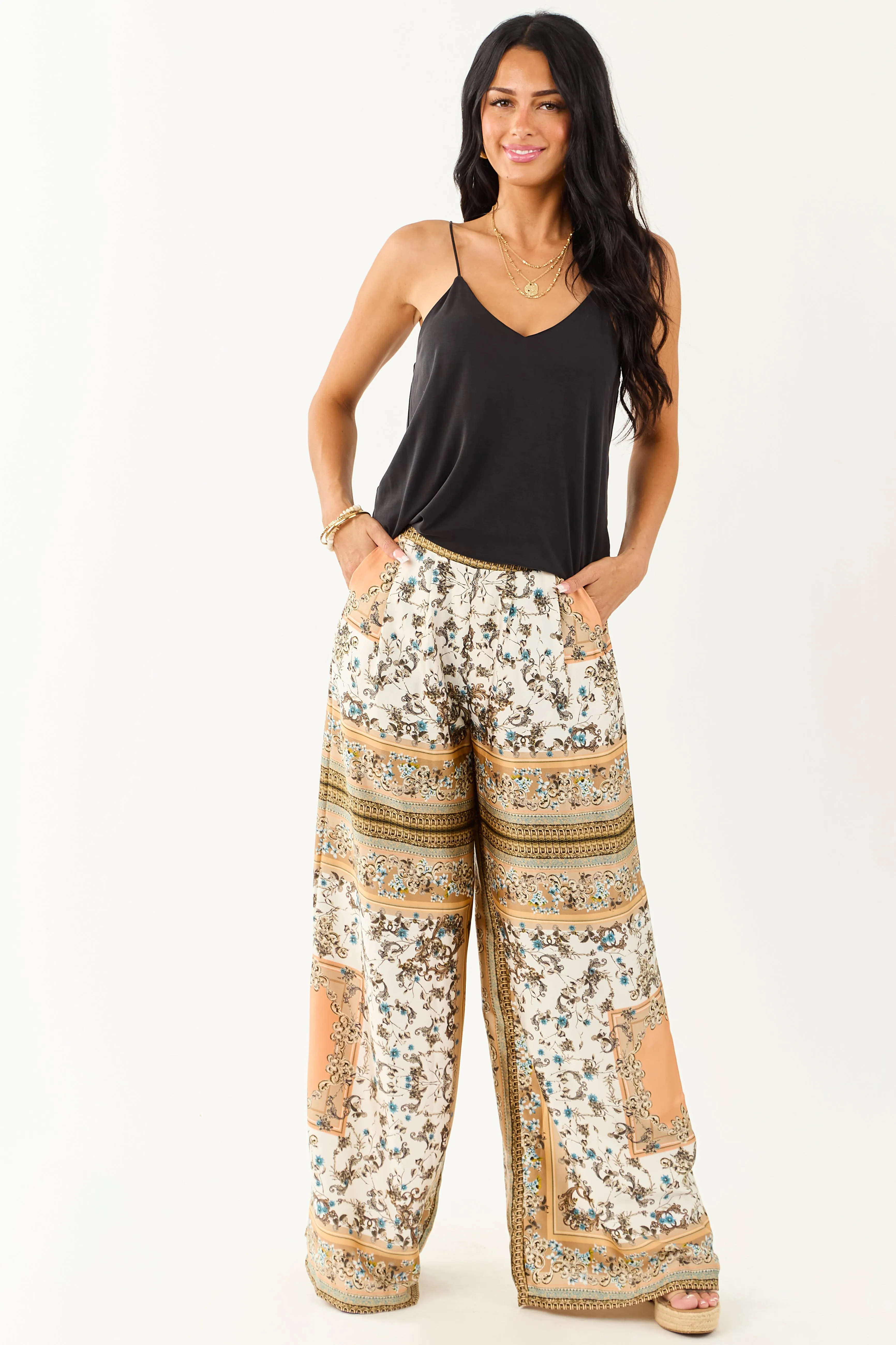 Ivory Scarf Print Satin Flowy Wide Leg Pants sold by Lime Lush