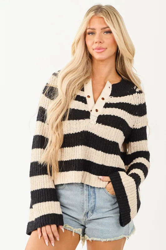 Camel and Black Striped Long Flare Sleeve Sweater sold by Lime Lush