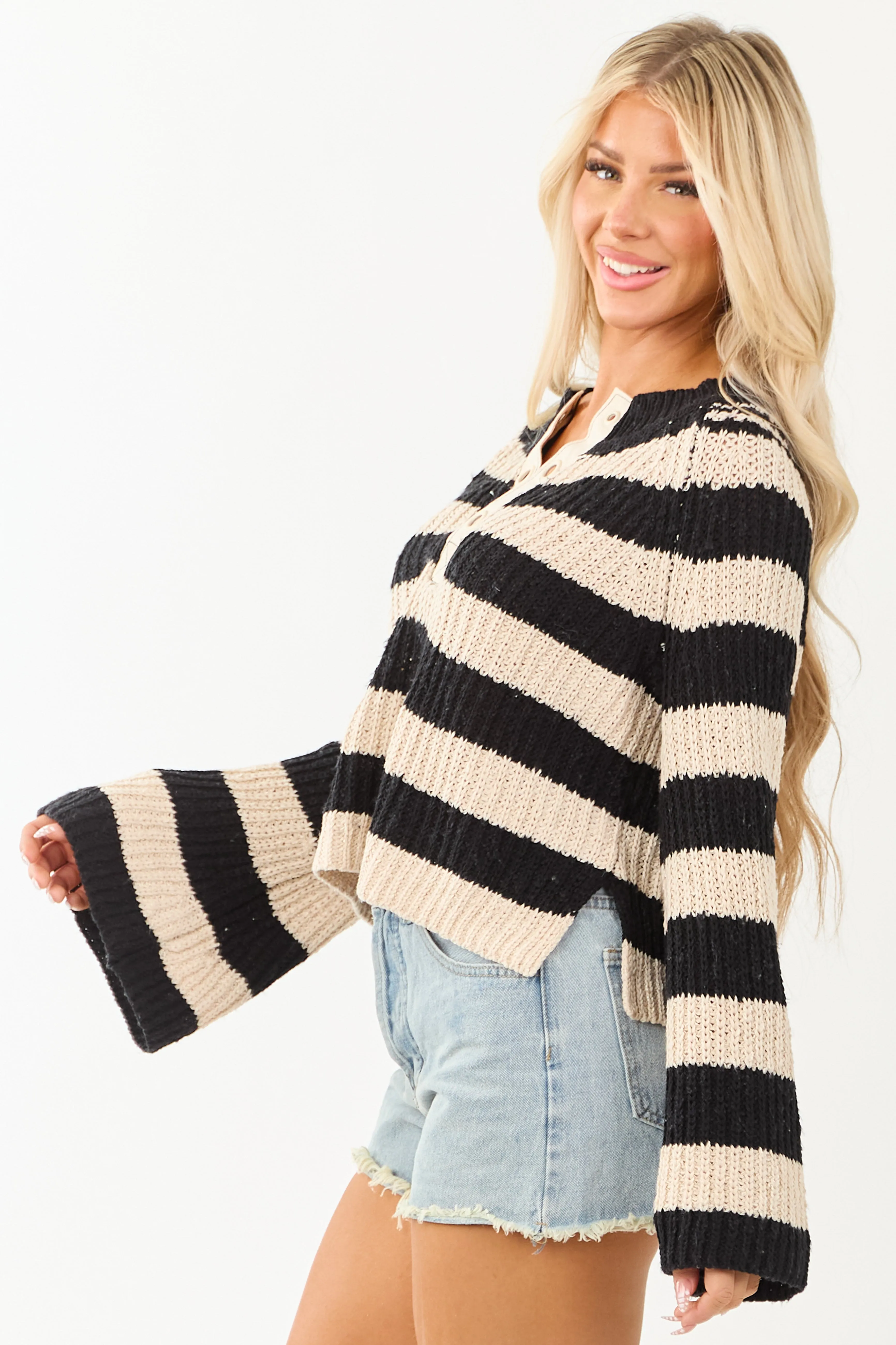 Camel and Black Striped Long Flare Sleeve Sweater sold by Lime Lush product image thumbnail 5