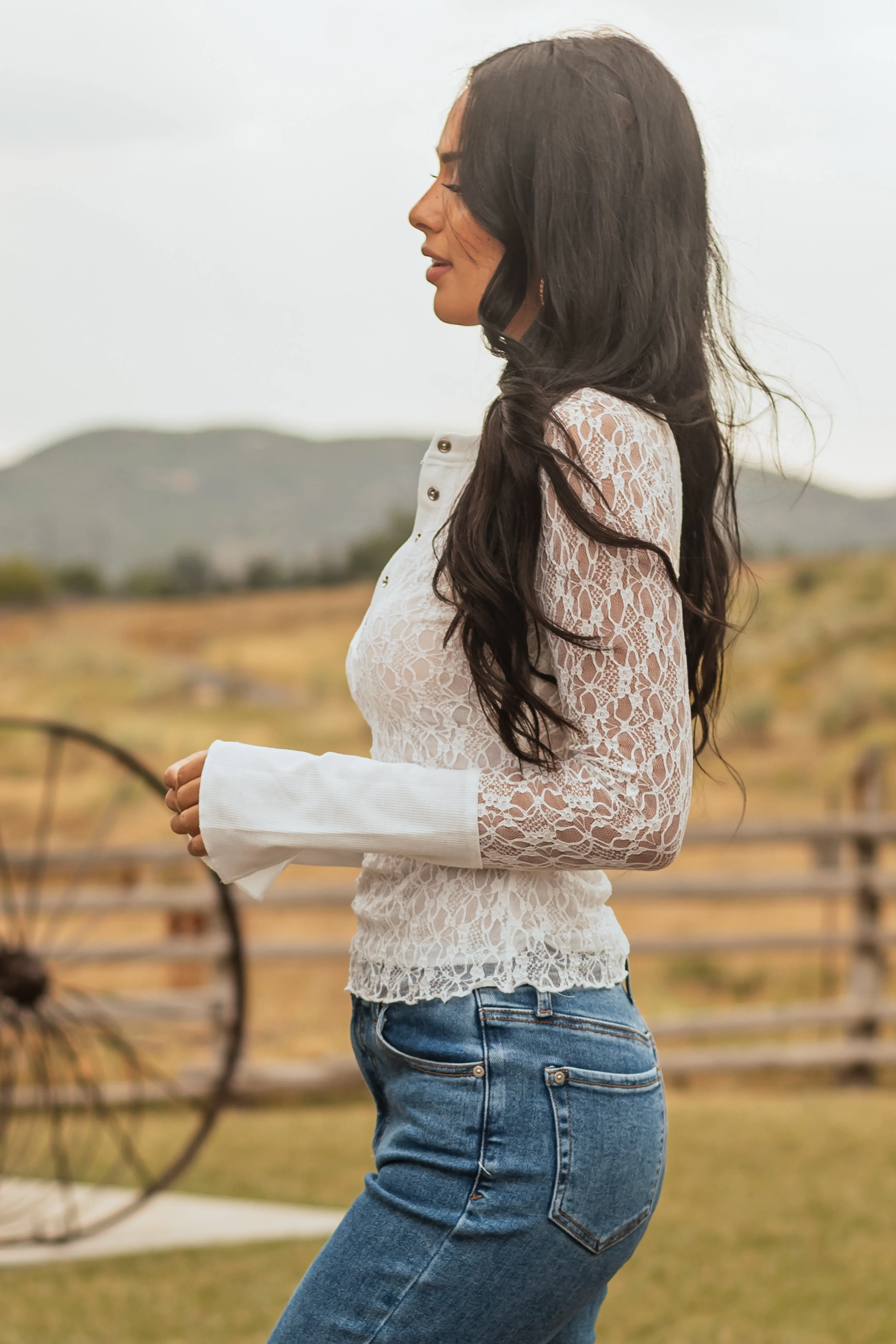 Off White Lace Long Sleeve Henley Top sold by Lime Lush product image thumbnail 4