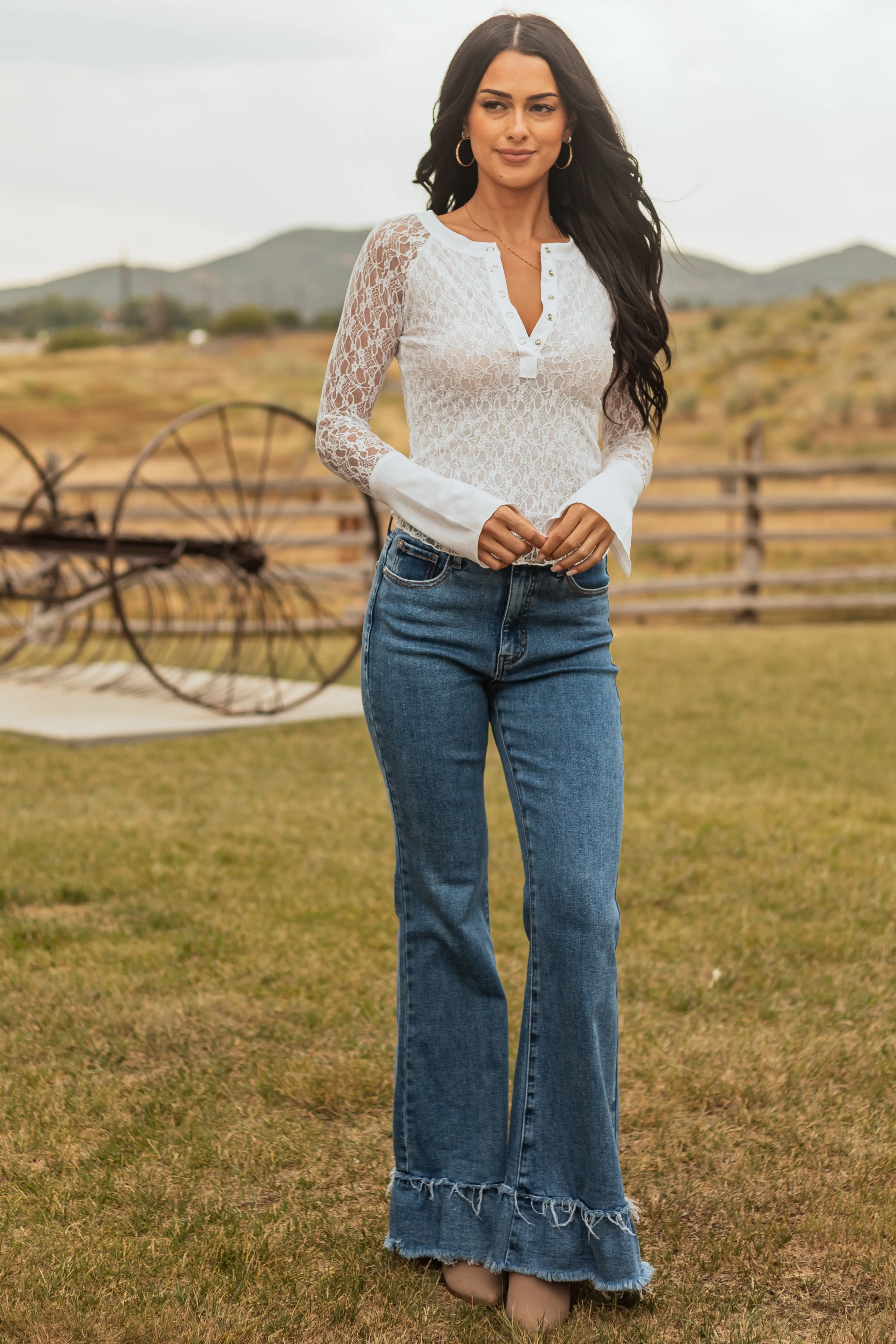 Off White Lace Long Sleeve Henley Top sold by Lime Lush product image thumbnail 2