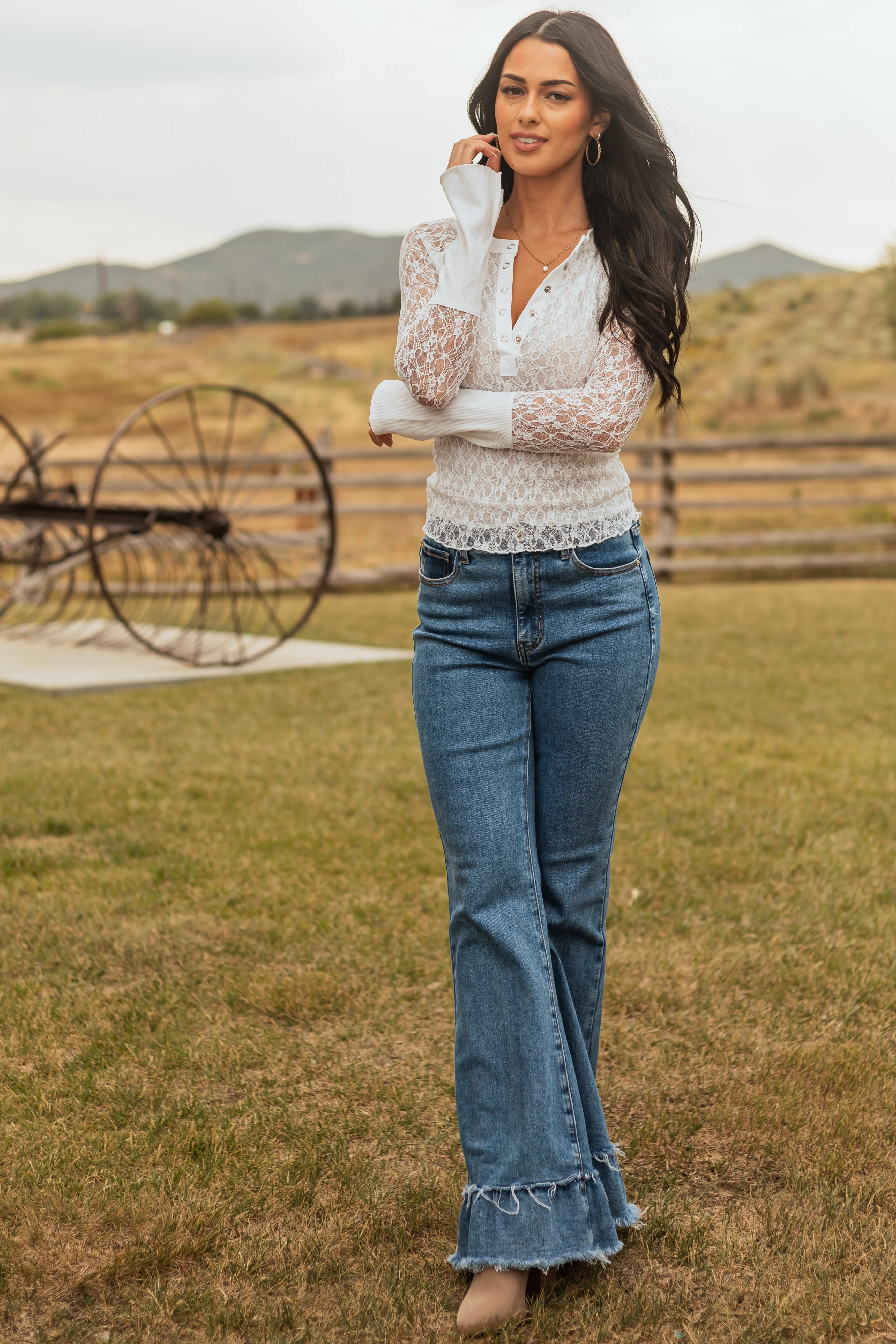 Off White Lace Long Sleeve Henley Top sold by Lime Lush product image thumbnail 3