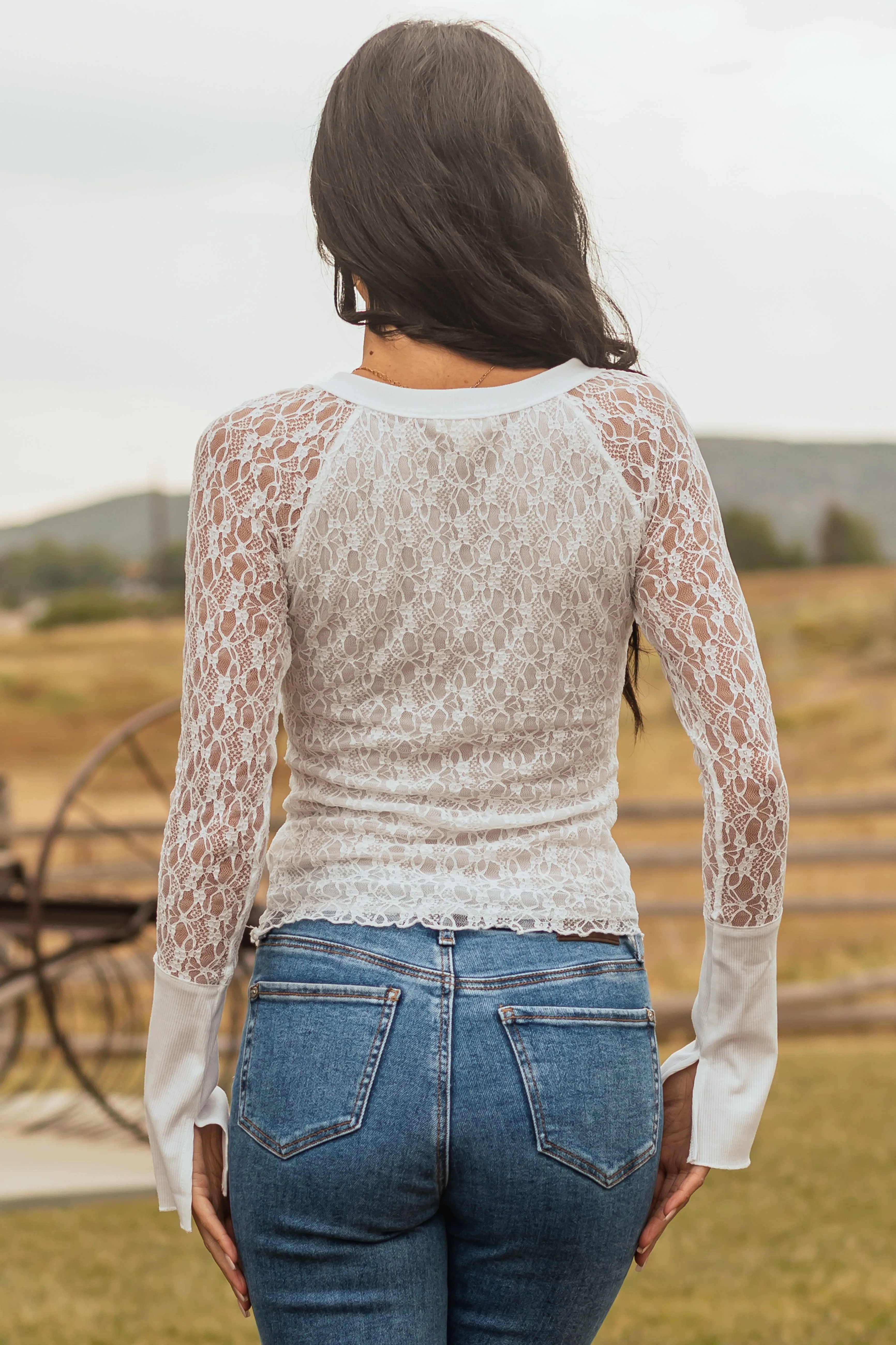 Off White Lace Long Sleeve Henley Top sold by Lime Lush product image thumbnail 5