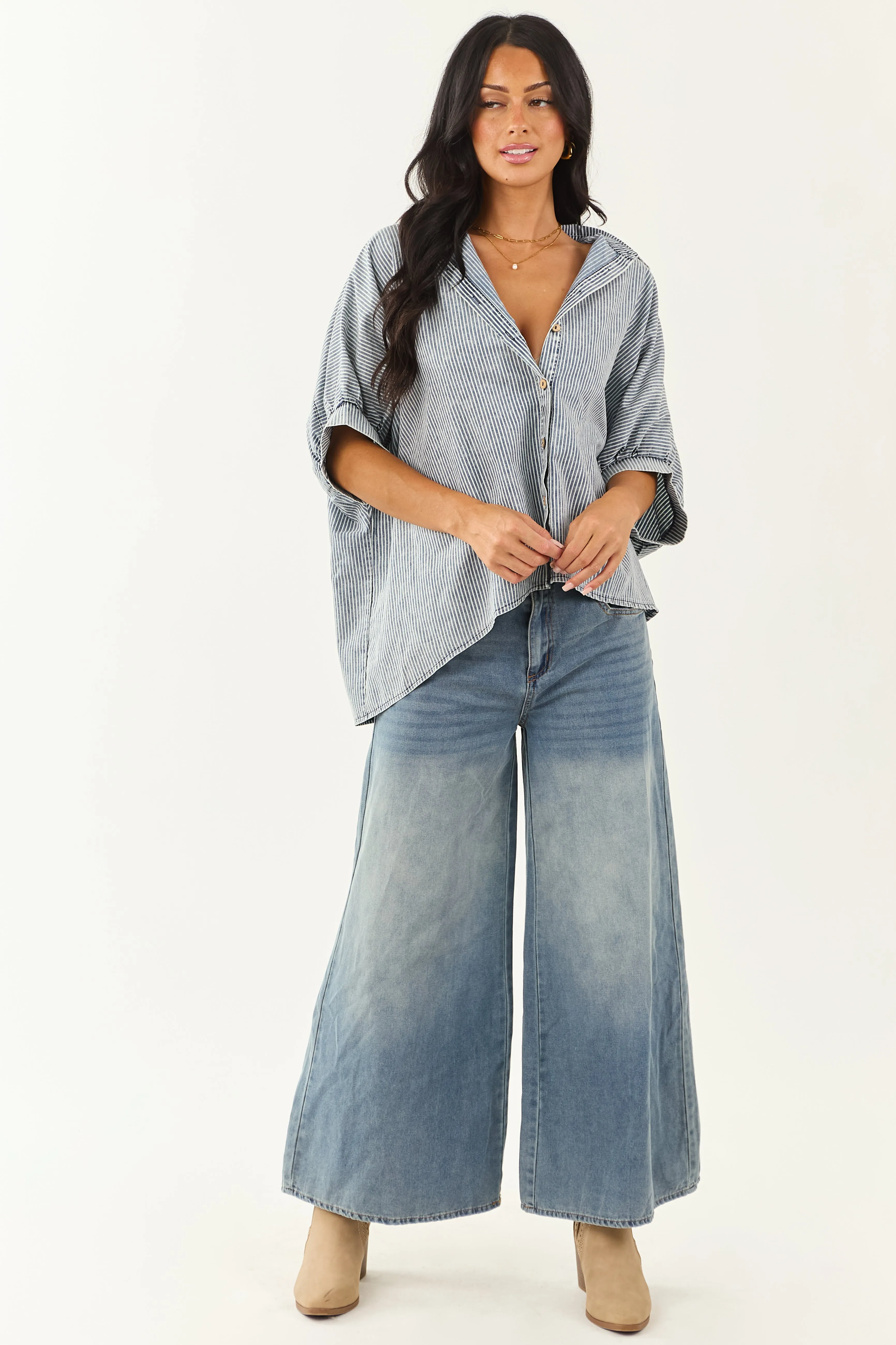 Medium Mineral Wash Striped Chambray Denim Top sold by Lime Lush product image thumbnail 2
