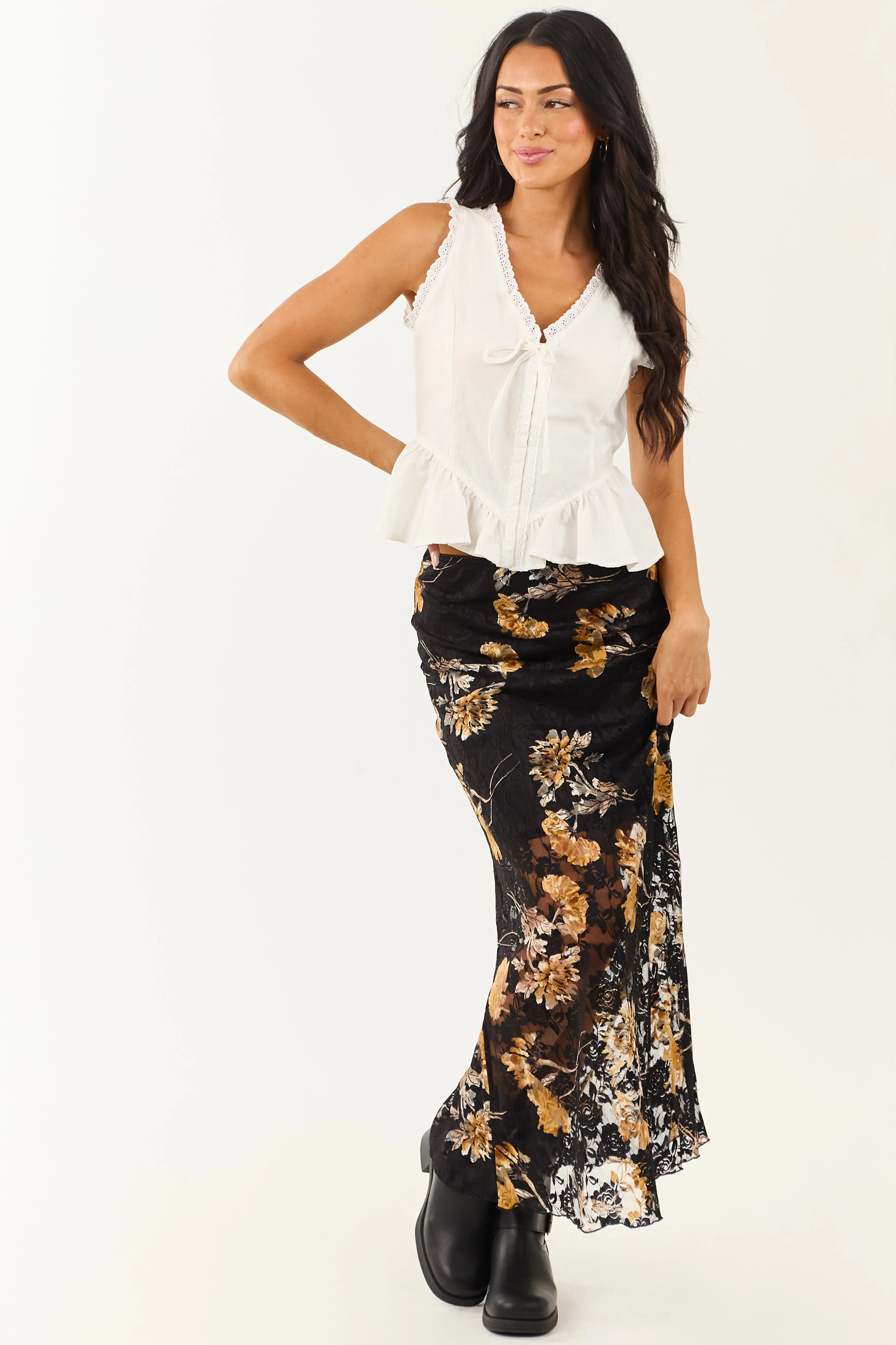 Black and Copper Floral Lace Maxi Skirt sold by Lime Lush product image thumbnail 2