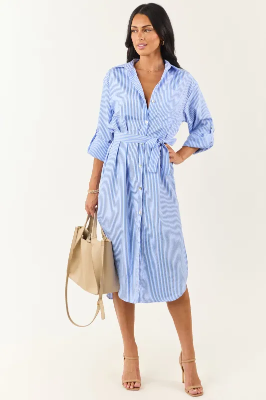 Cornflower and Ivory Striped Button Up Midi Dress sold by Lime Lush