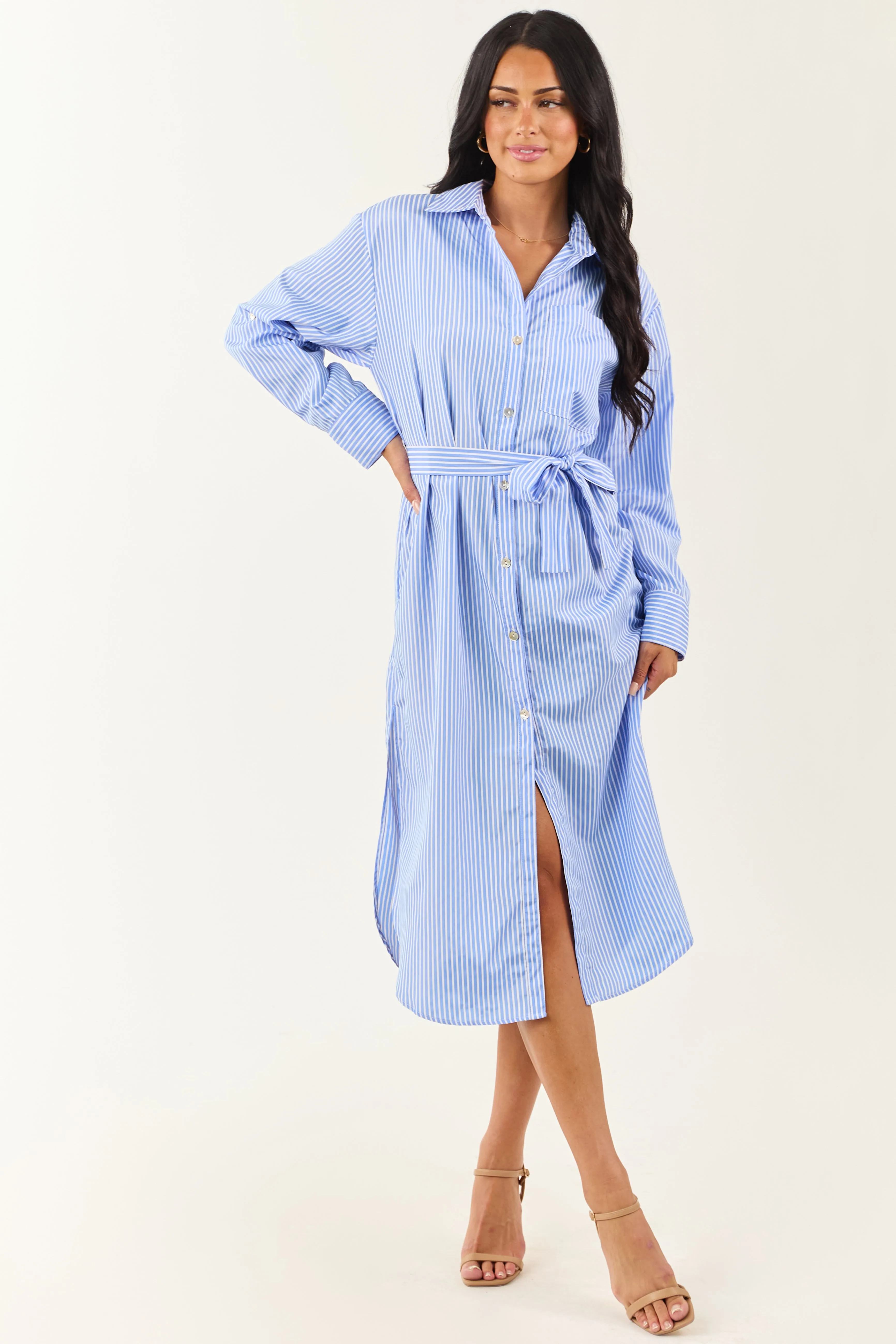 Cornflower and Ivory Striped Button Up Midi Dress sold by Lime Lush product image thumbnail 3