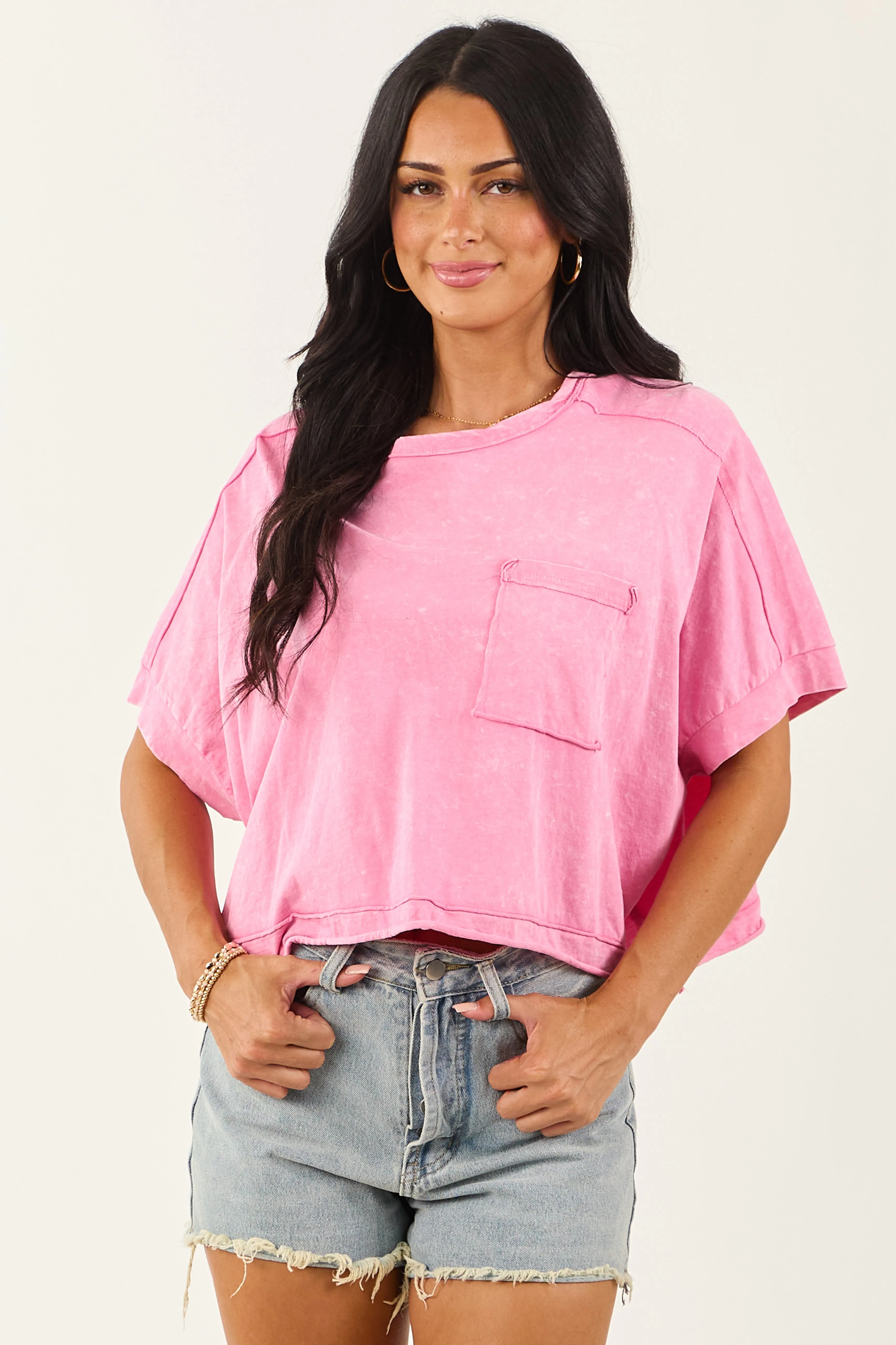 Bubblegum Mineral Wash Semi Cropped Boxy Cotton Tee sold by Lime Lush
