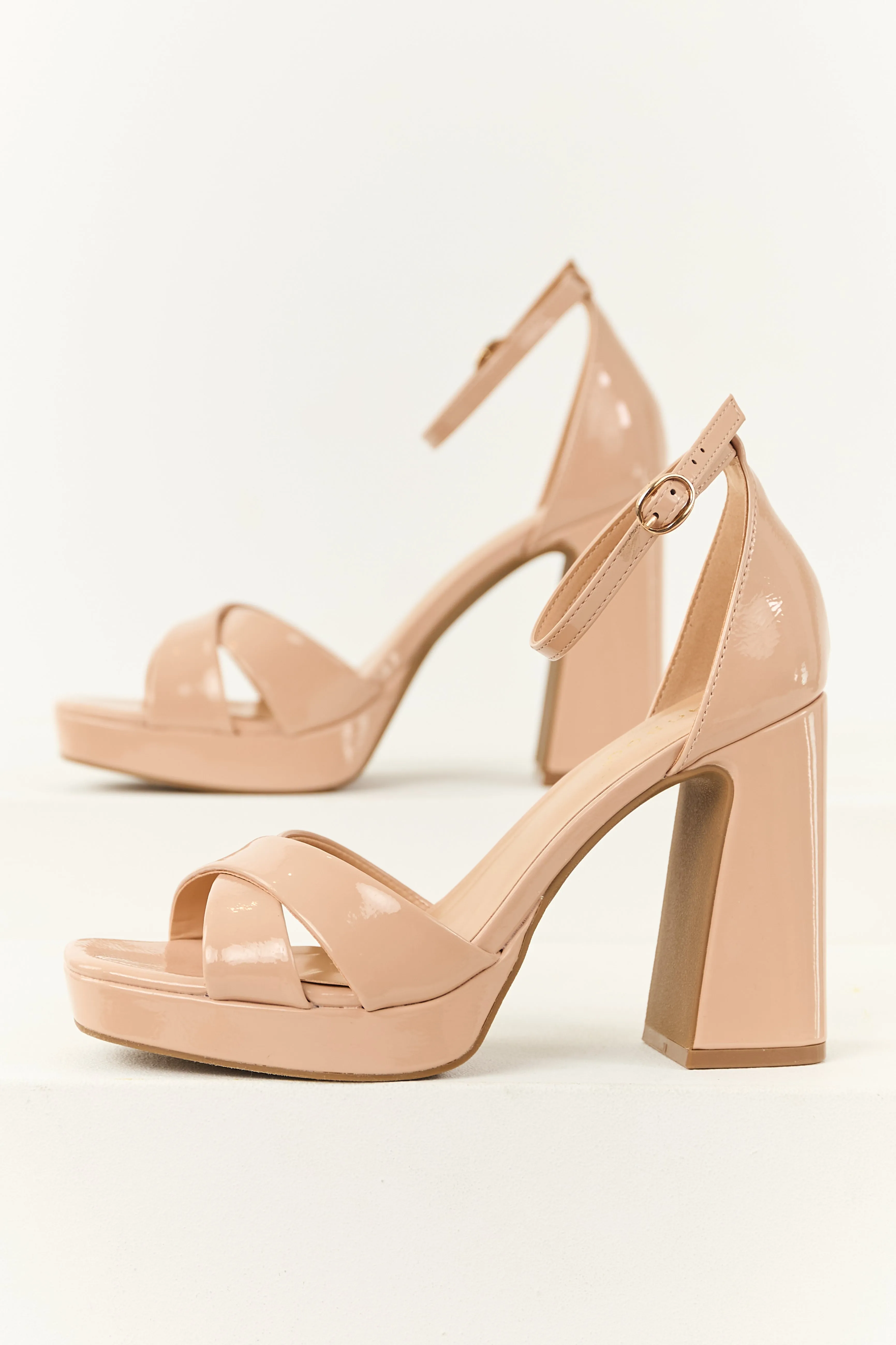 Nude Patent Faux Leather Platform Block Heels sold by Lime Lush