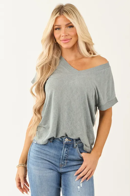 Faded Juniper Relaxed V Neck Slub Knit Top sold by Lime Lush