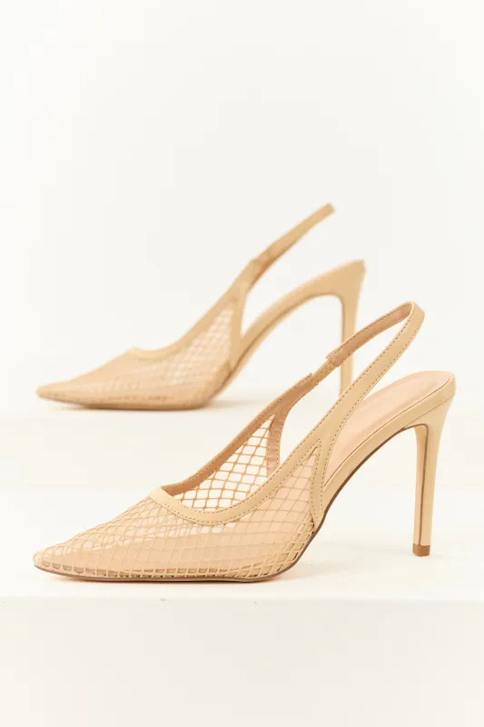Nude Mesh Pointed Toe Slingback Stiletto Heels sold by Lime Lush