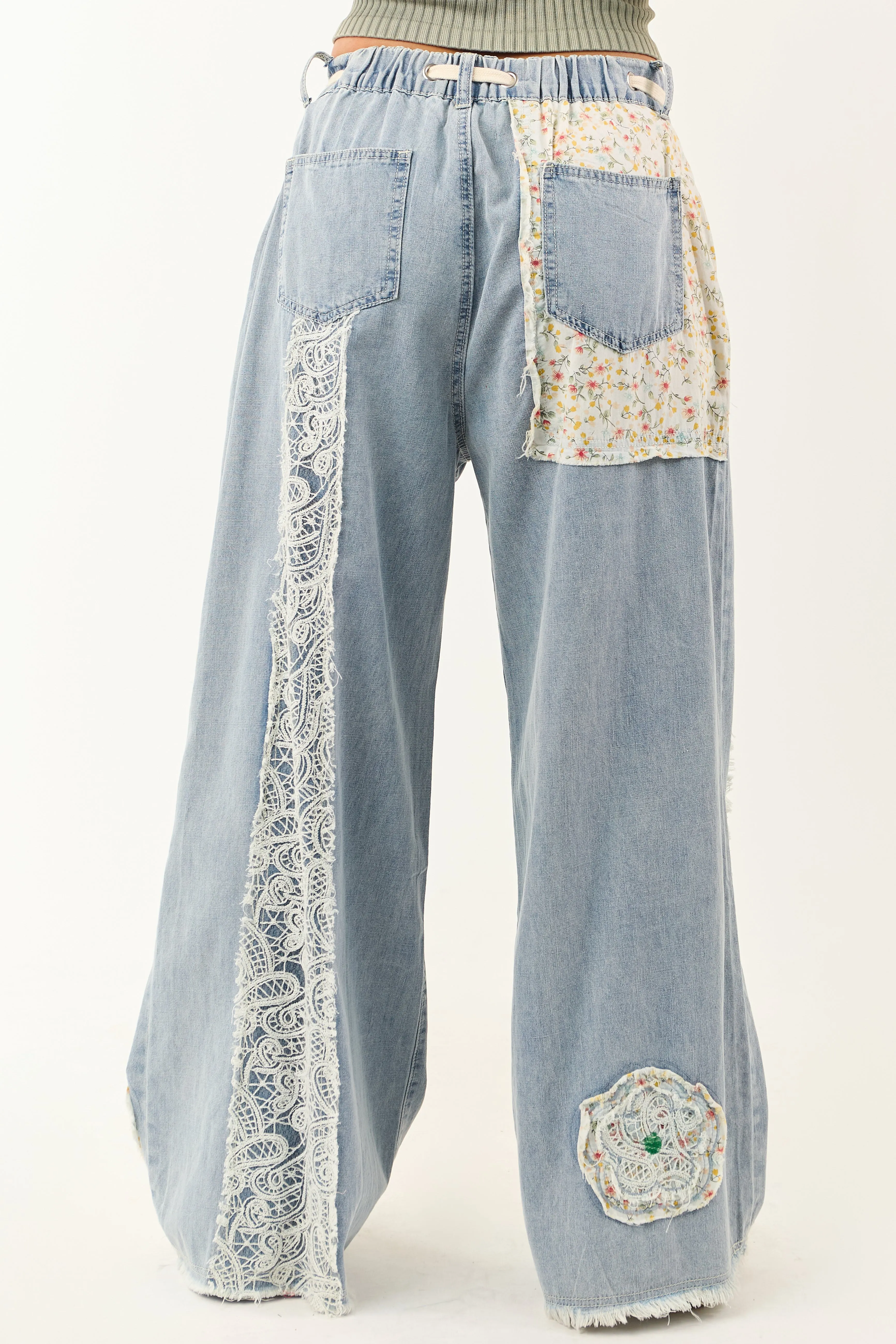 POL Light Wash Floral Patchwork Denim Pants sold by Lime Lush product image thumbnail 4