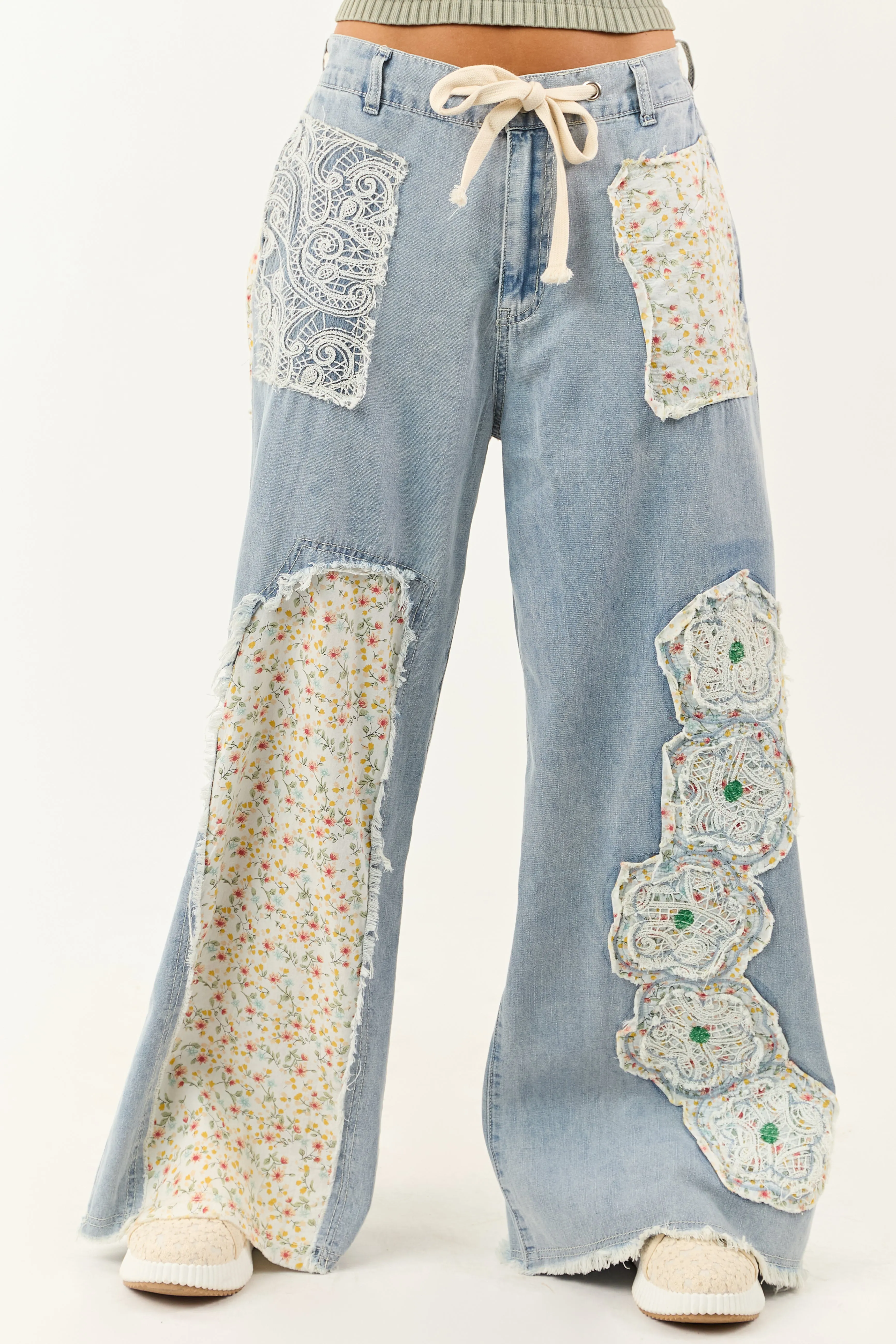 POL Light Wash Floral Patchwork Denim Pants sold by Lime Lush product image thumbnail 2