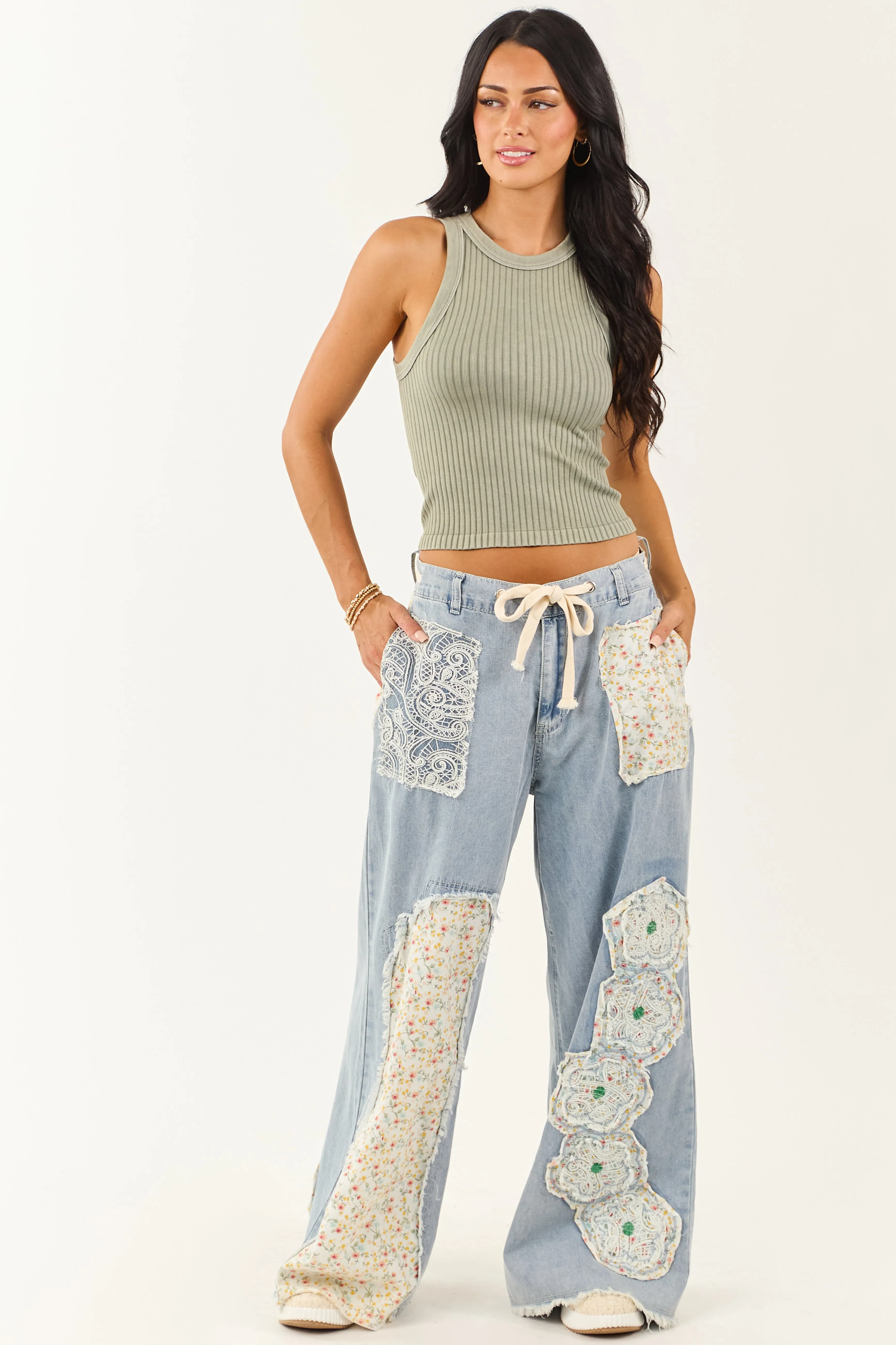POL Light Wash Floral Patchwork Denim Pants sold by Lime Lush