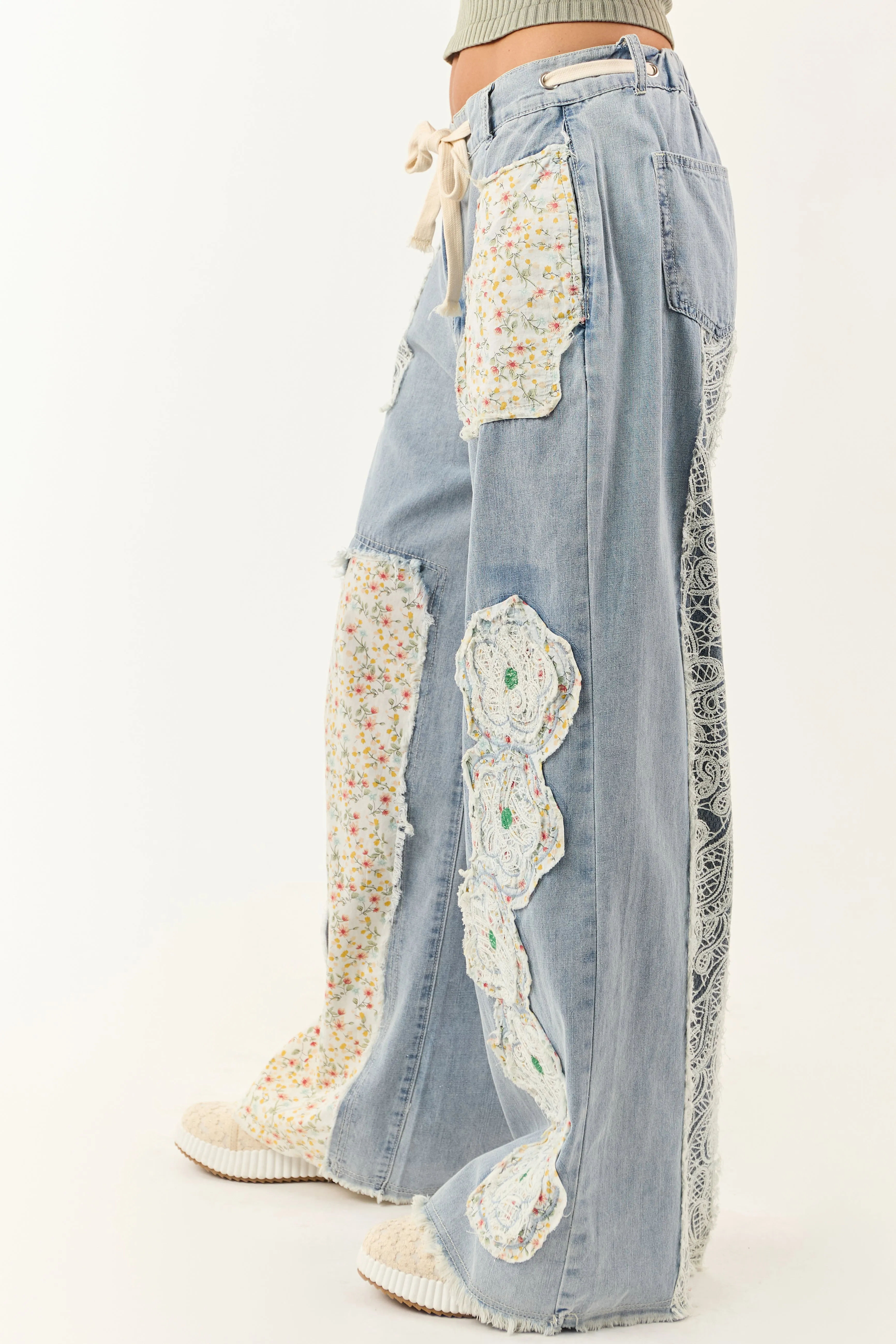 POL Light Wash Floral Patchwork Denim Pants sold by Lime Lush product image thumbnail 3