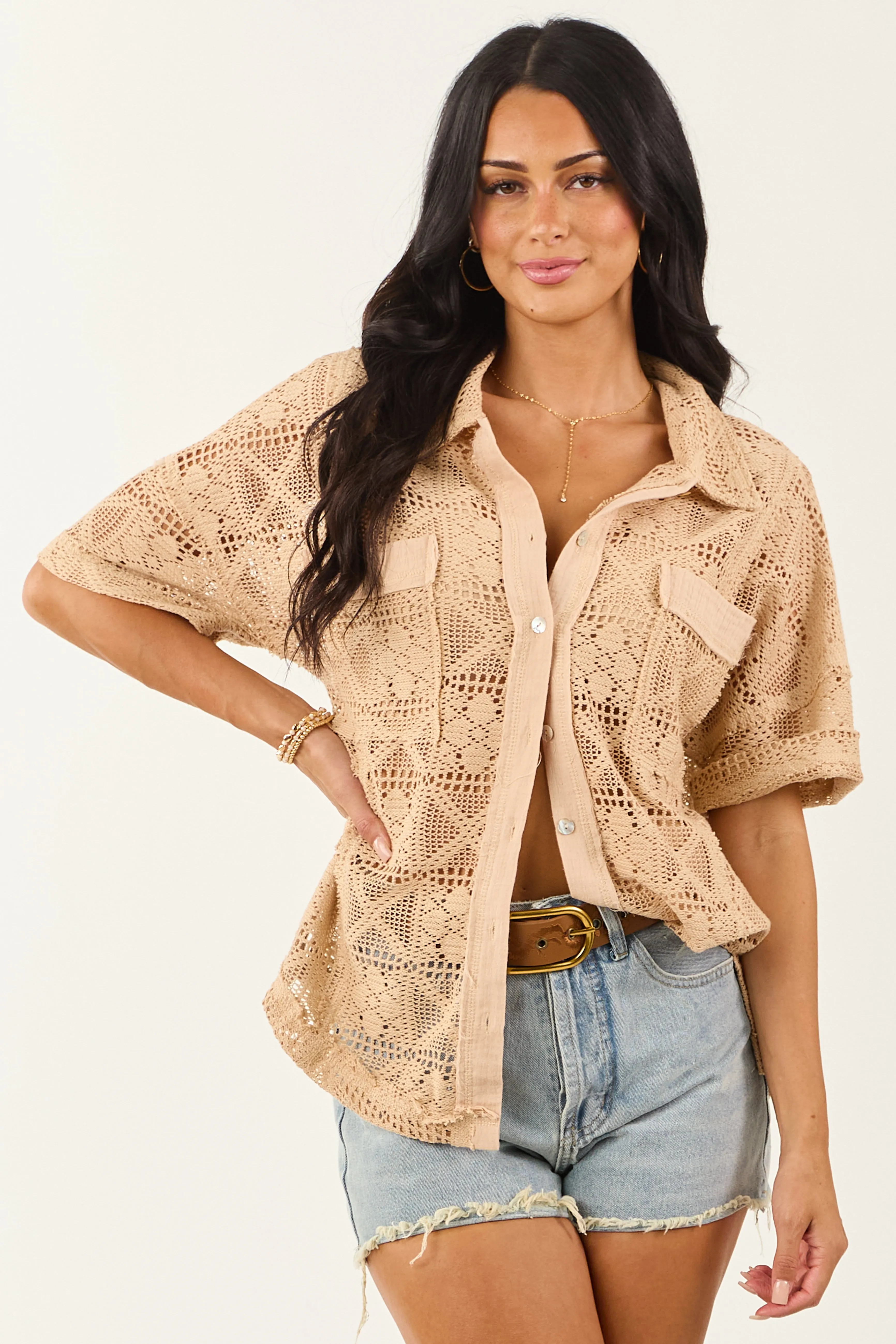 Desert Sand Open Crochet Button Up Short Sleeve Top sold by Lime Lush