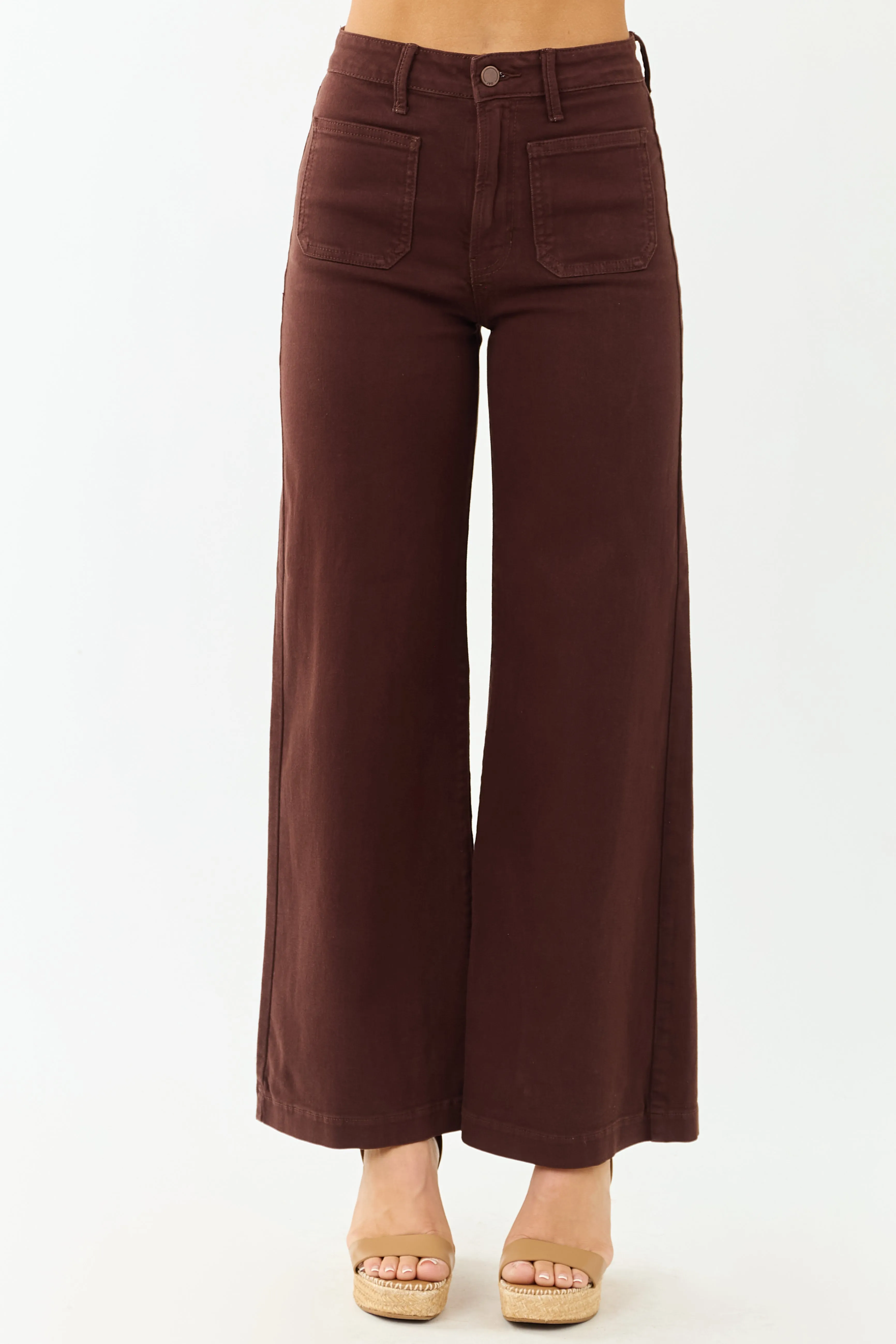 Cocoa High Rise Patch Pocket Stretchy Wide Leg Jeans sold by Lime Lush