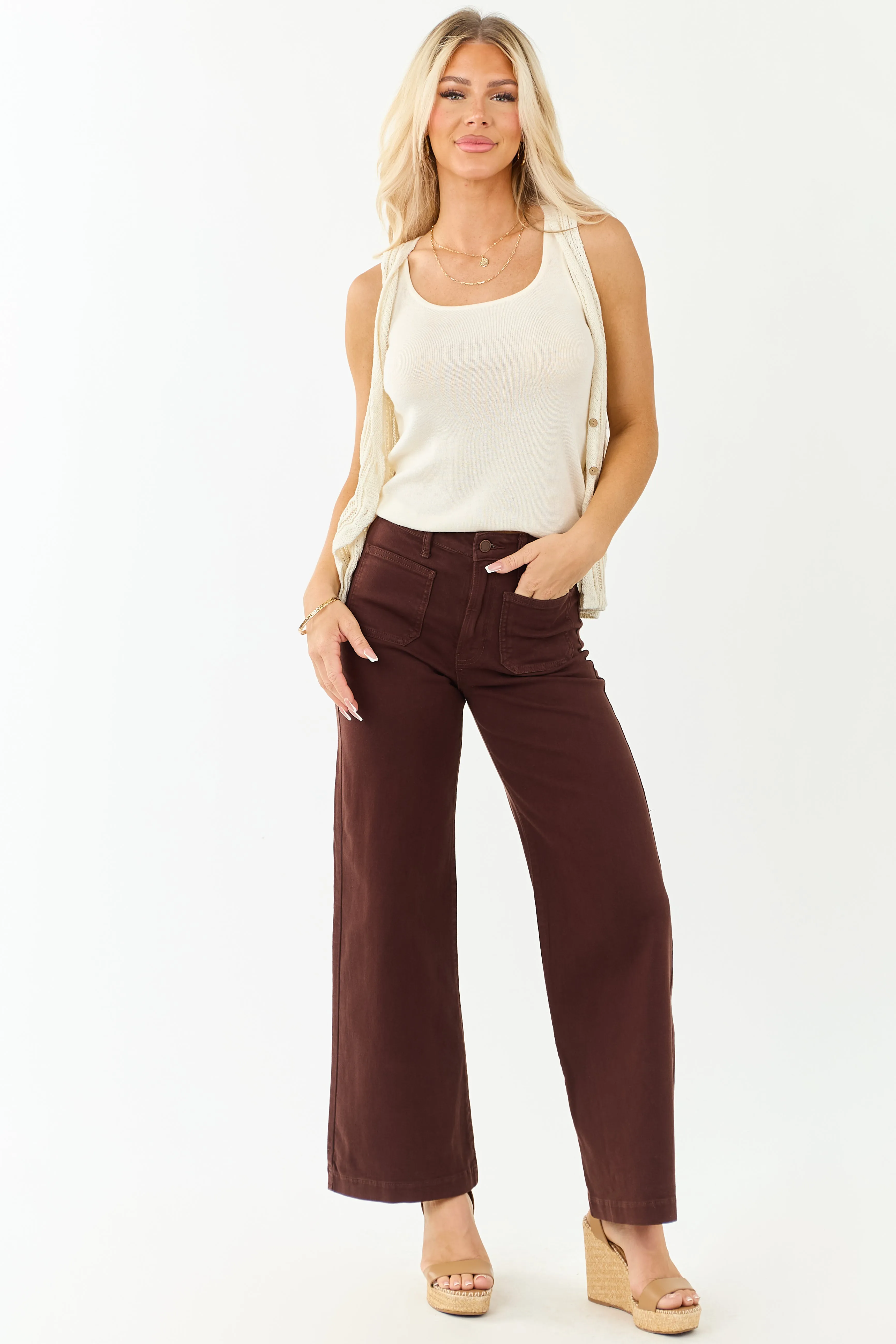 Cocoa High Rise Patch Pocket Stretchy Wide Leg Jeans sold by Lime Lush product image thumbnail 2