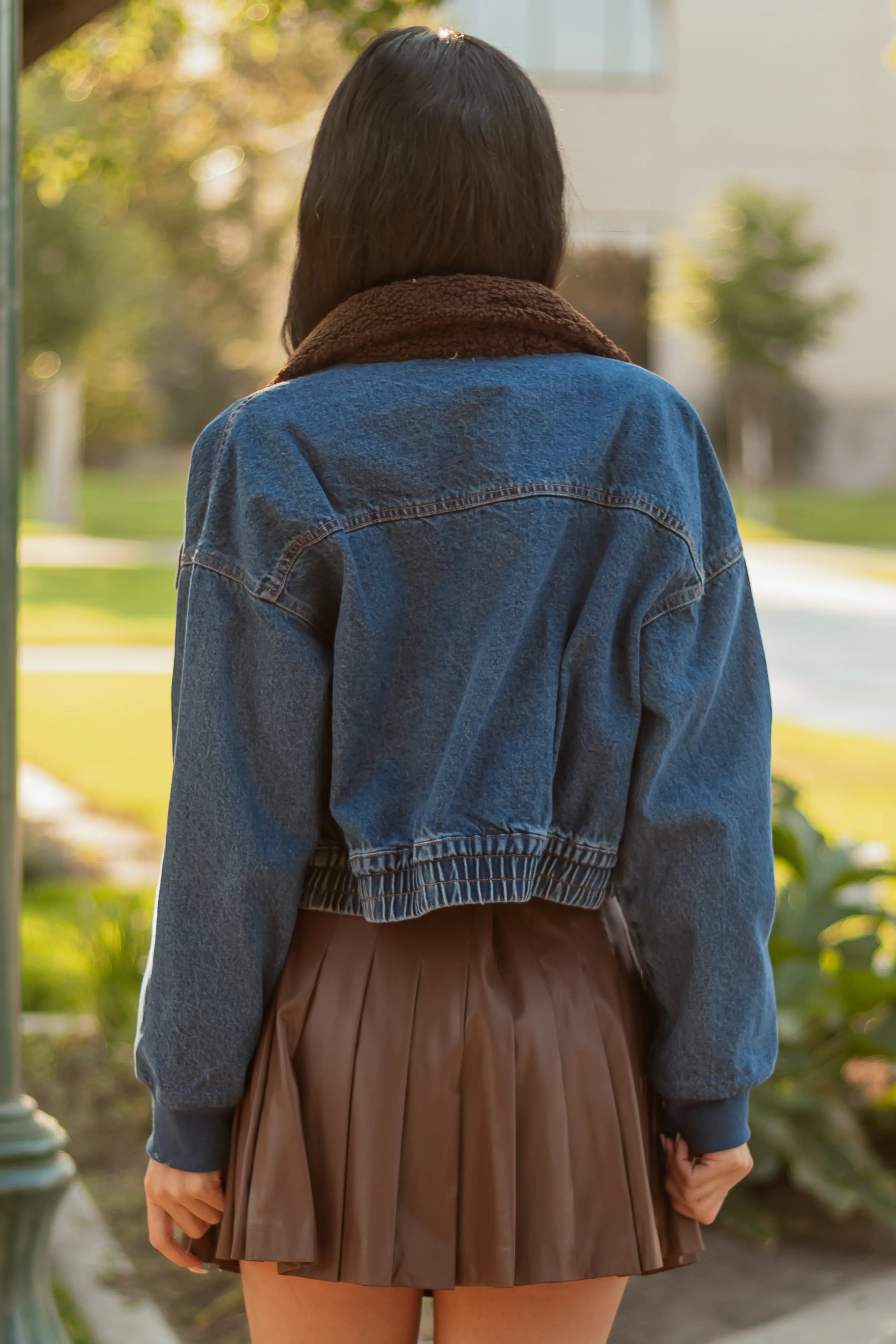 Dark Wash Sherpa Collar Denim Zip Up Bomber Jacket sold by Lime Lush product image thumbnail 5