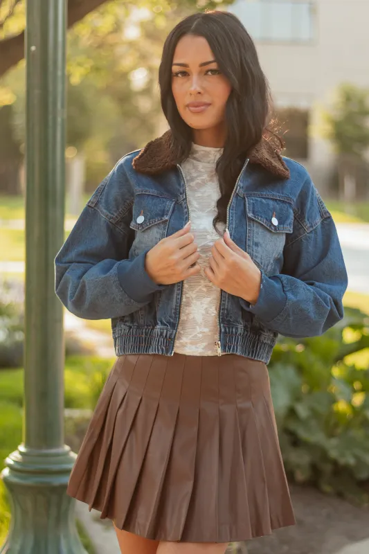 Dark Wash Sherpa Collar Denim Zip Up Bomber Jacket sold by Lime Lush