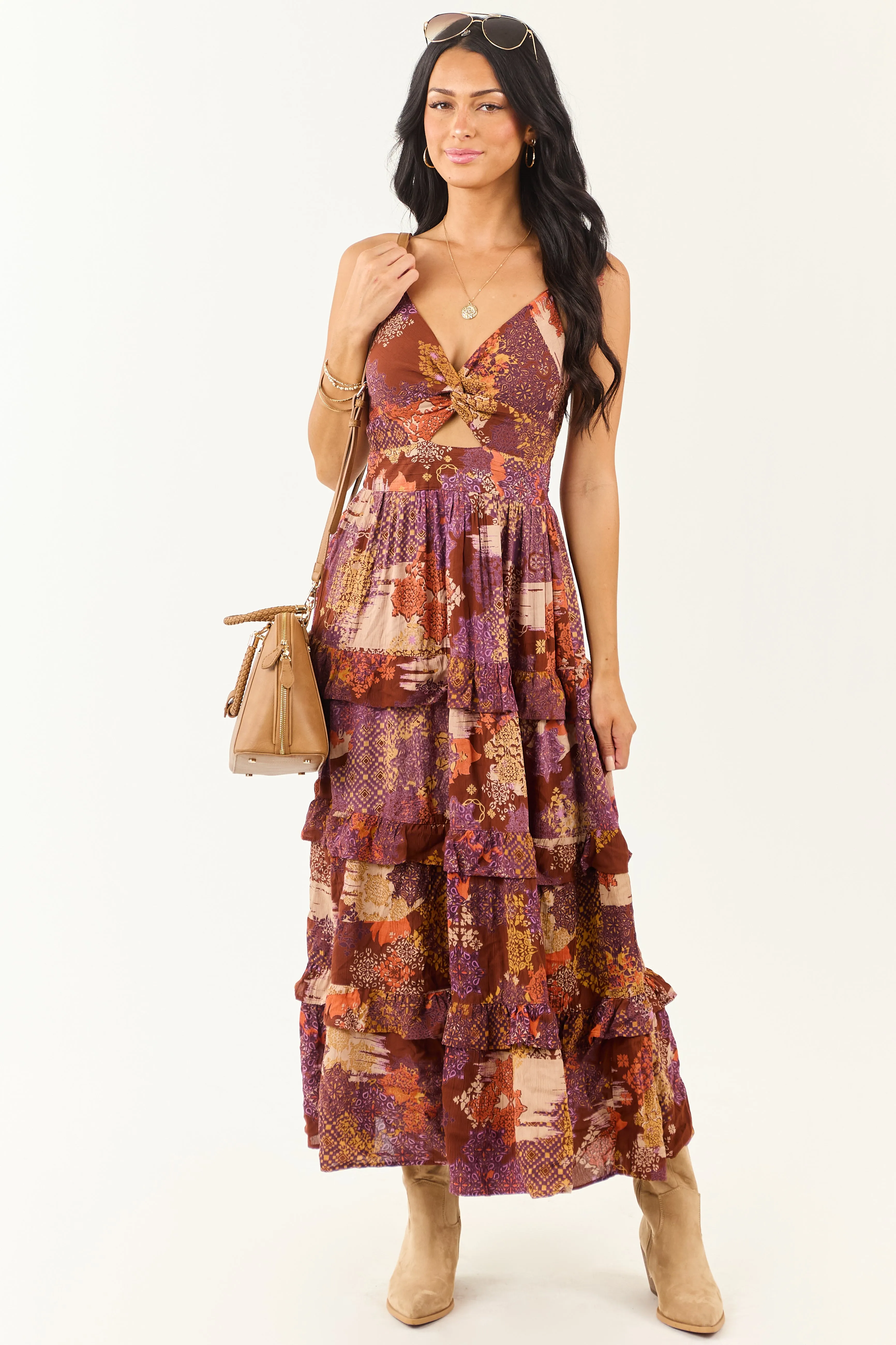 Spice Boho Patchwork Bust Twist Tiered Midi Dress sold by Lime Lush