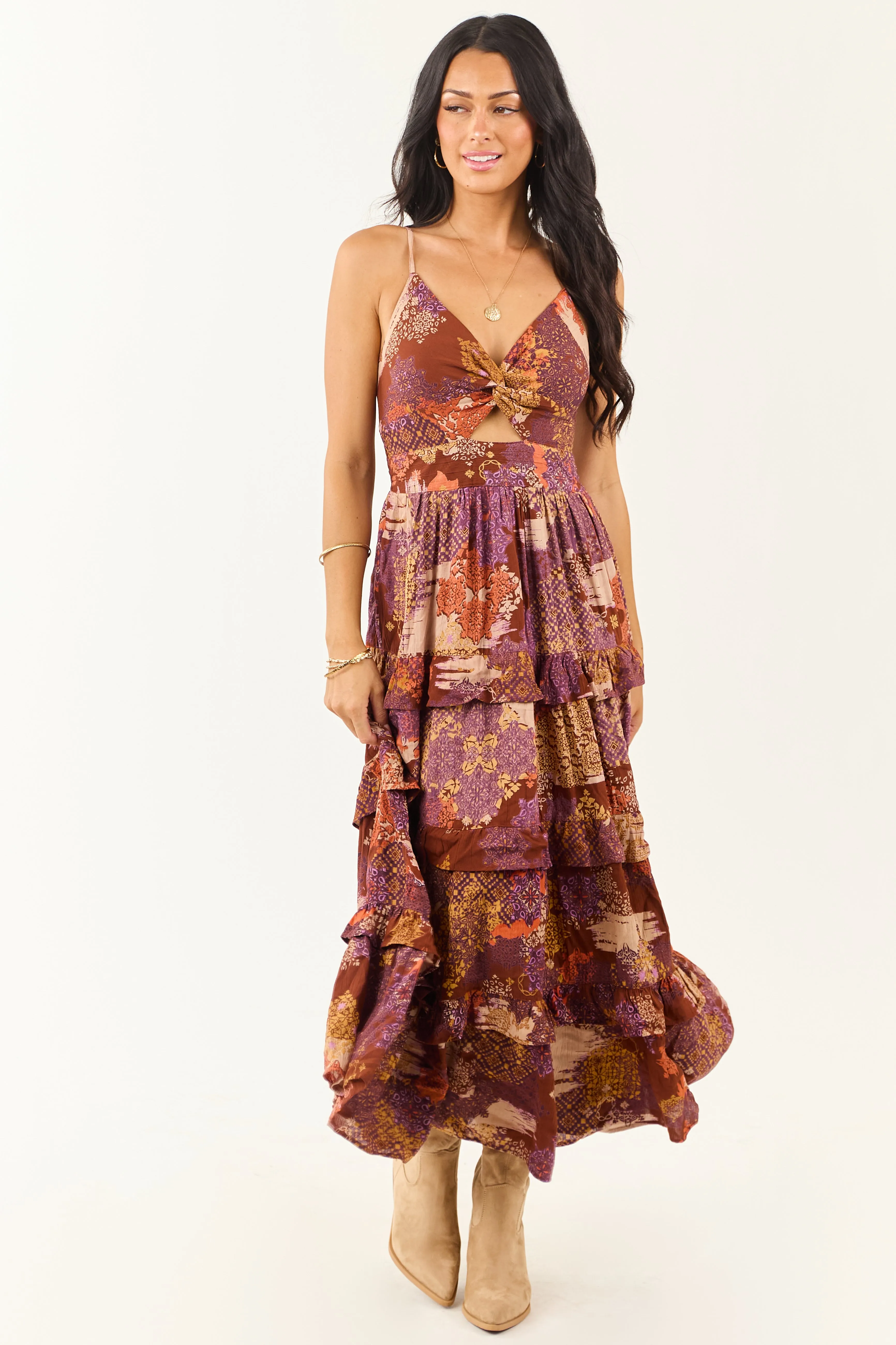 Spice Boho Patchwork Bust Twist Tiered Midi Dress sold by Lime Lush product image thumbnail 2
