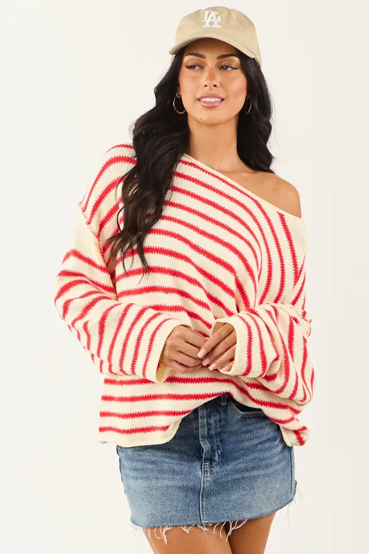 Cream and Brick Striped Relaxed Sweater sold by Lime Lush