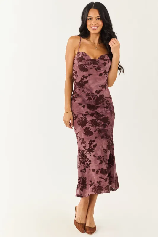 Plum Mesh Floral Flocking Bodycon Midi Dress sold by Lime Lush