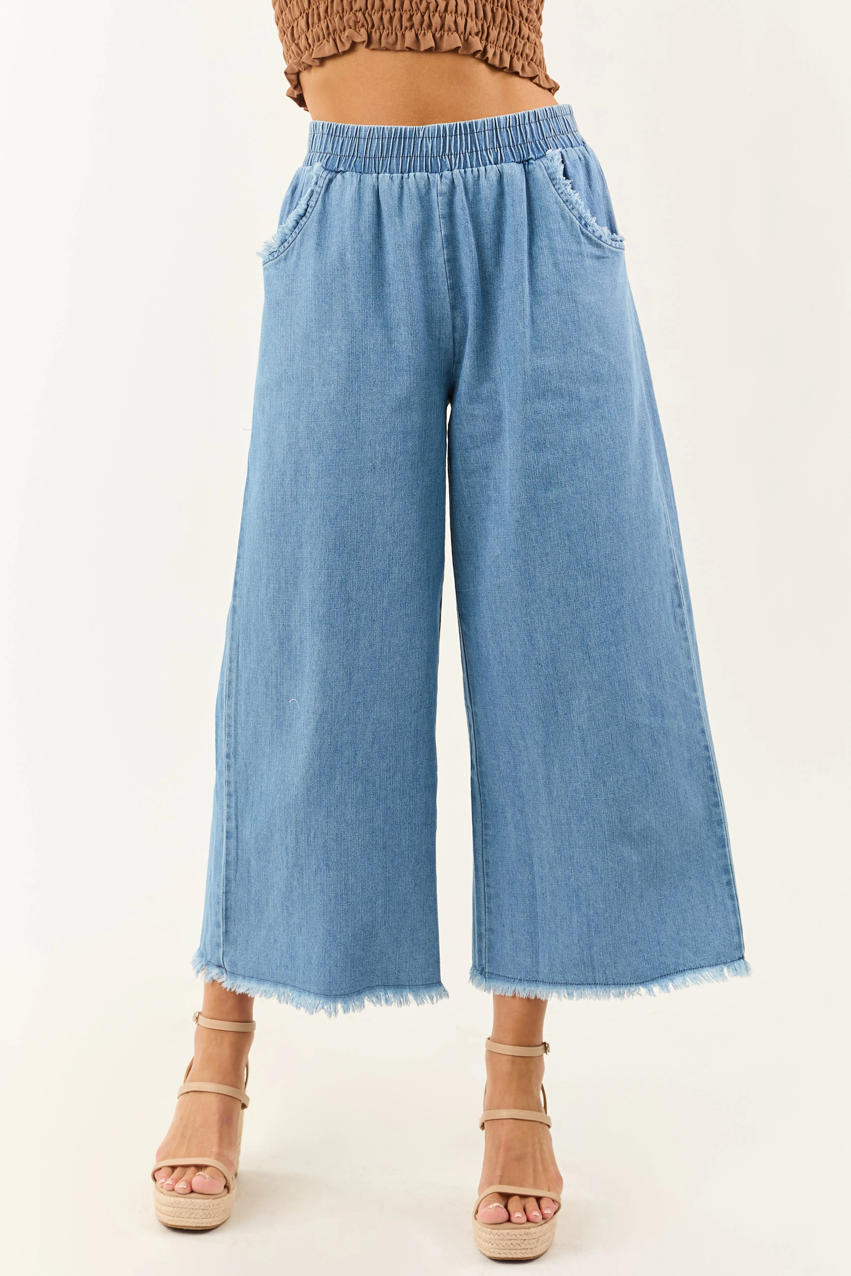 Light Wash Wide Leg Cropped Chambray Pants sold by Lime Lush product image thumbnail 2