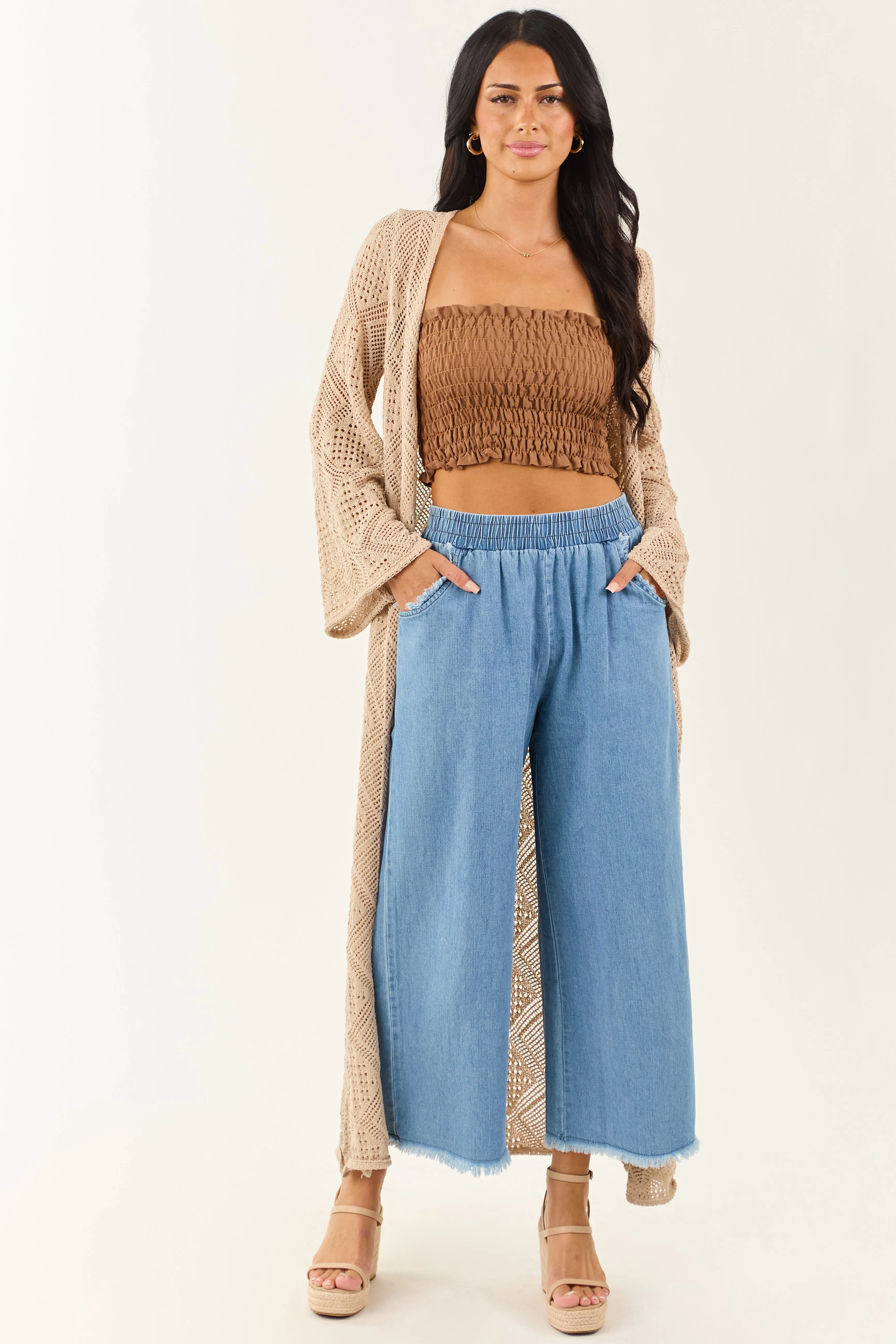 Light Wash Wide Leg Cropped Chambray Pants sold by Lime Lush
