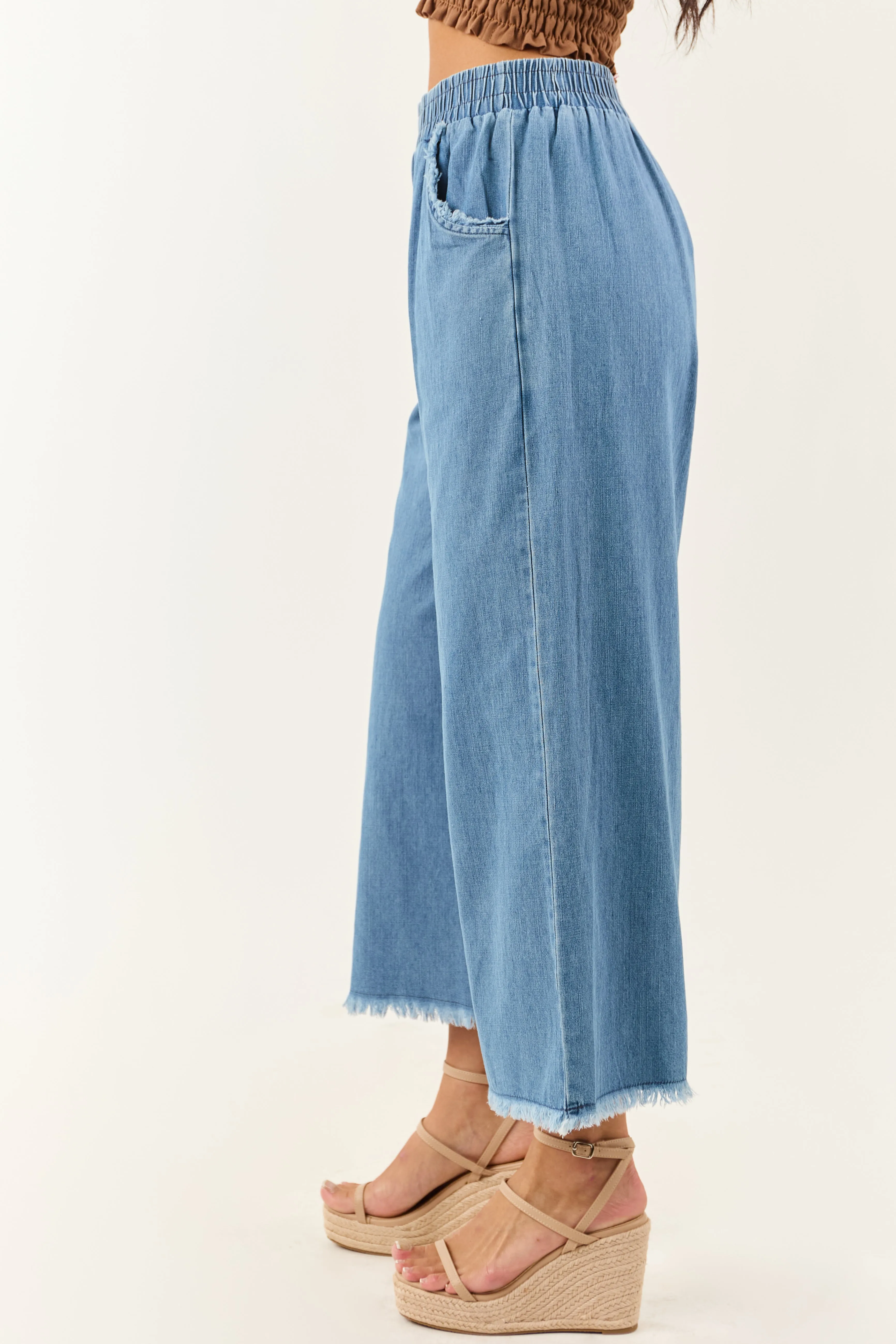 Light Wash Wide Leg Cropped Chambray Pants sold by Lime Lush product image thumbnail 3
