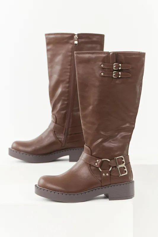 Chocolate Faux Leather Buckle Detail Tall Boots sold by Lime Lush