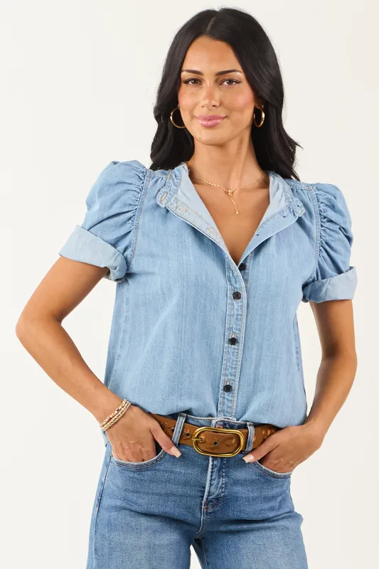 Light Wash Denim Button Down Ruched Sleeve Top sold by Lime Lush