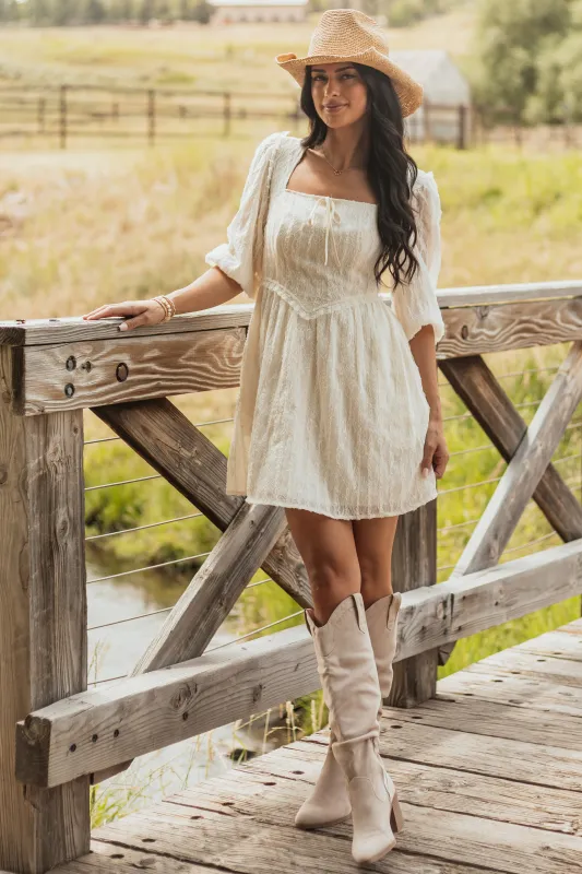 Listicle Cream Lace Smocked Back Mini Dress sold by Lime Lush