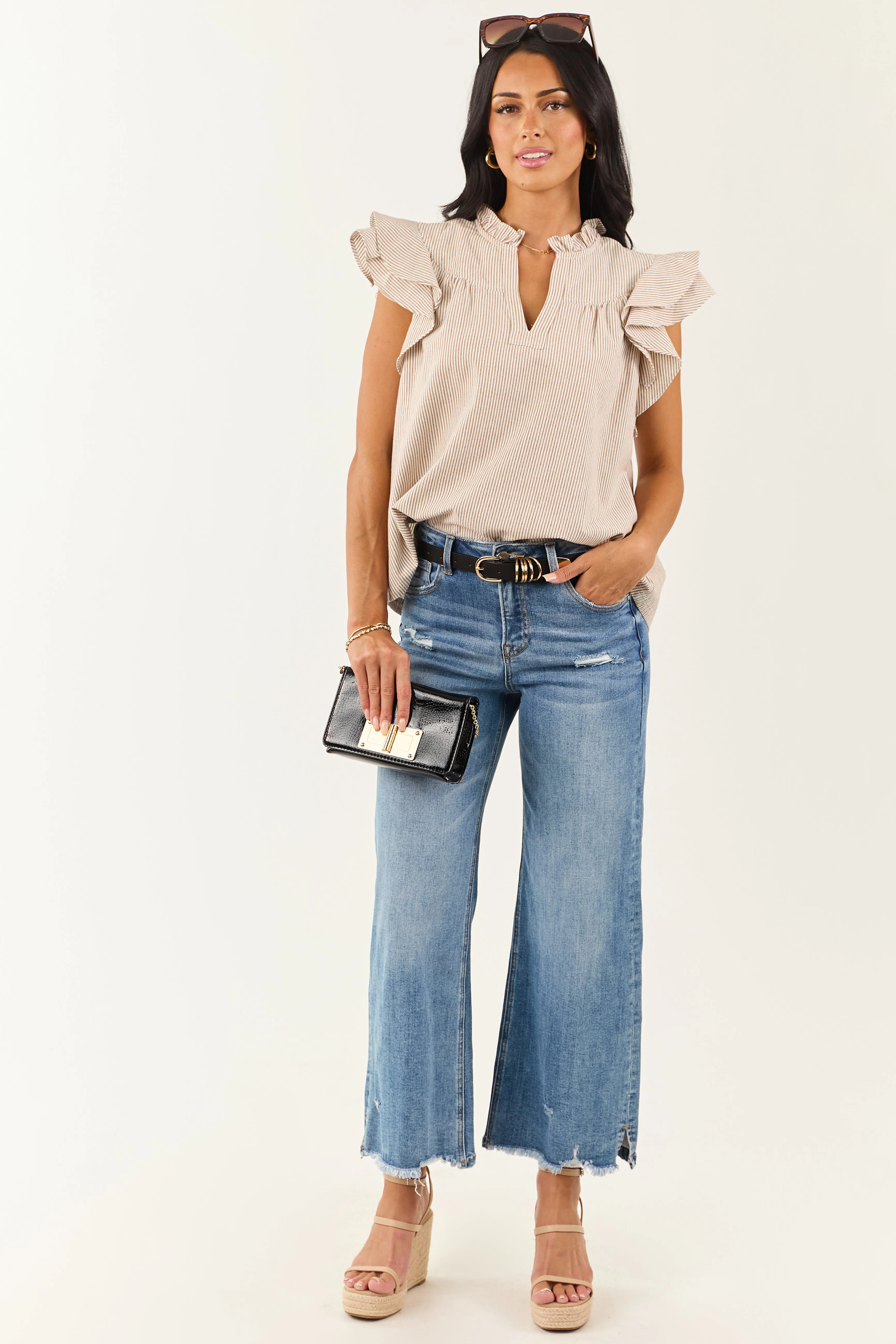 Brown Sugar Notched V Neck Pin Striped Cotton Top sold by Lime Lush product image thumbnail 2