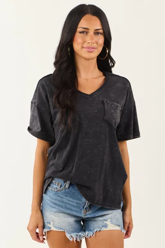 Black Mineral Washed V Neck Cotton Short Sleeve Top sold by Lime Lush