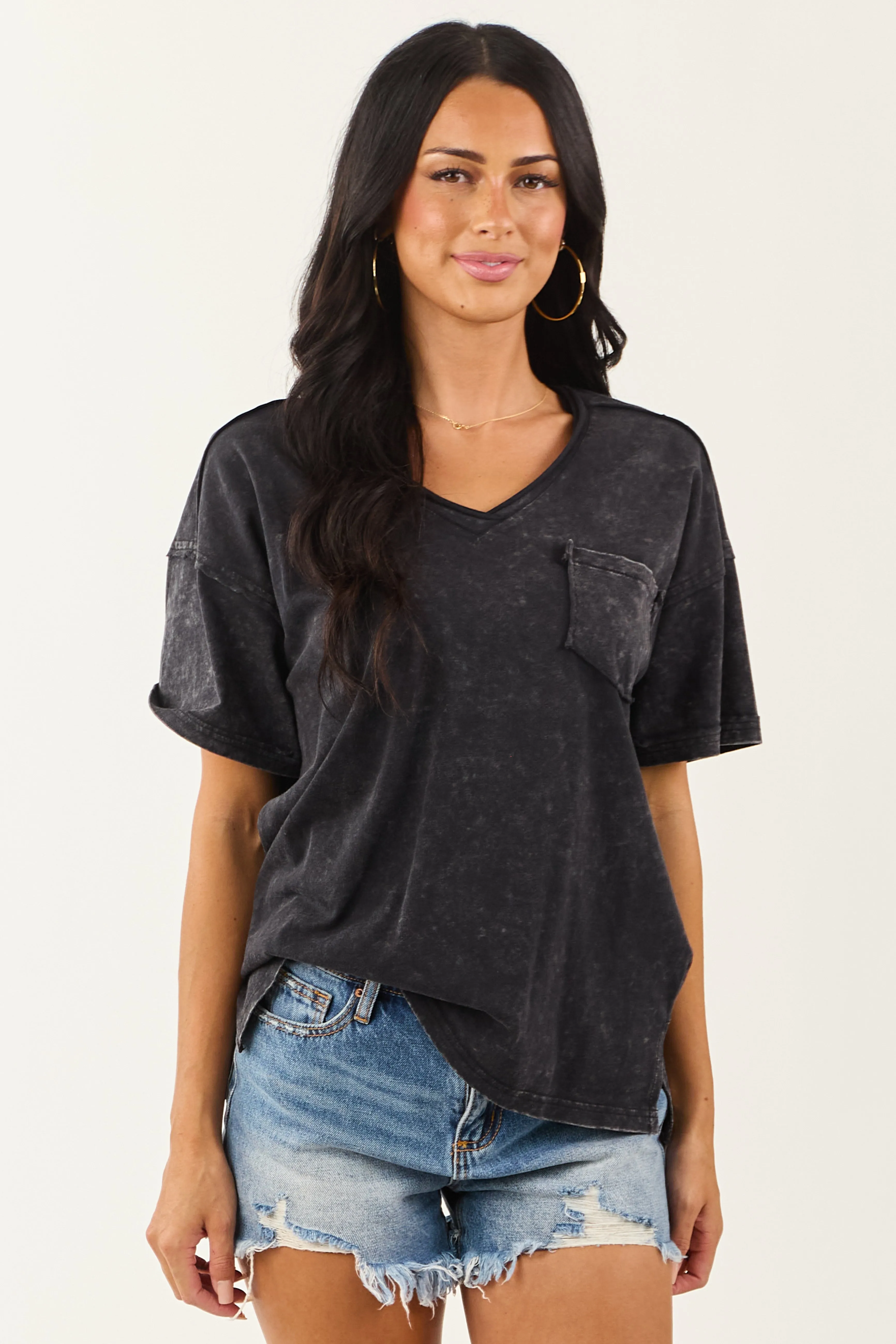 Black Mineral Washed V Neck Cotton Short Sleeve Top sold by Lime Lush