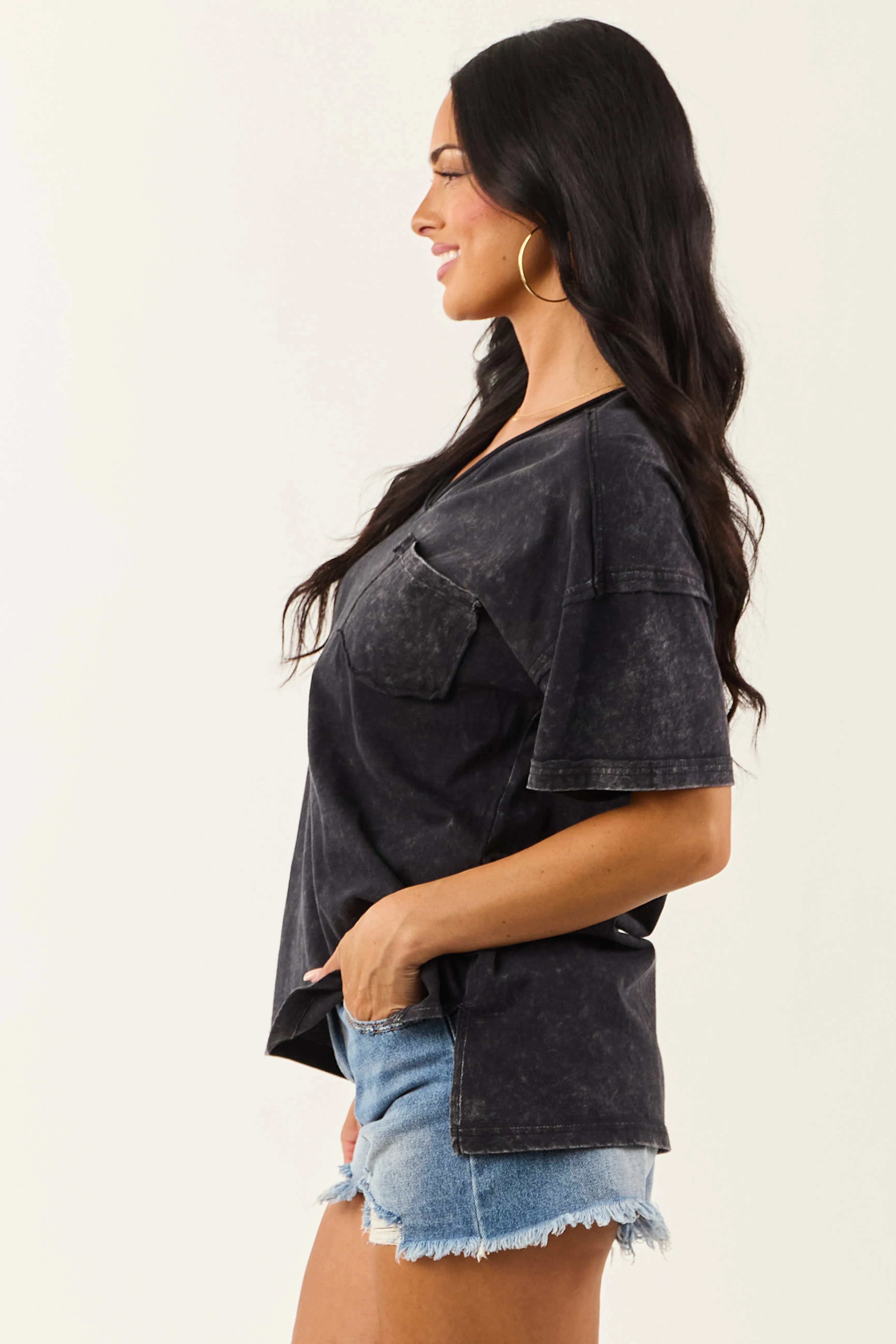 Black Mineral Washed V Neck Cotton Short Sleeve Top sold by Lime Lush product image thumbnail 5