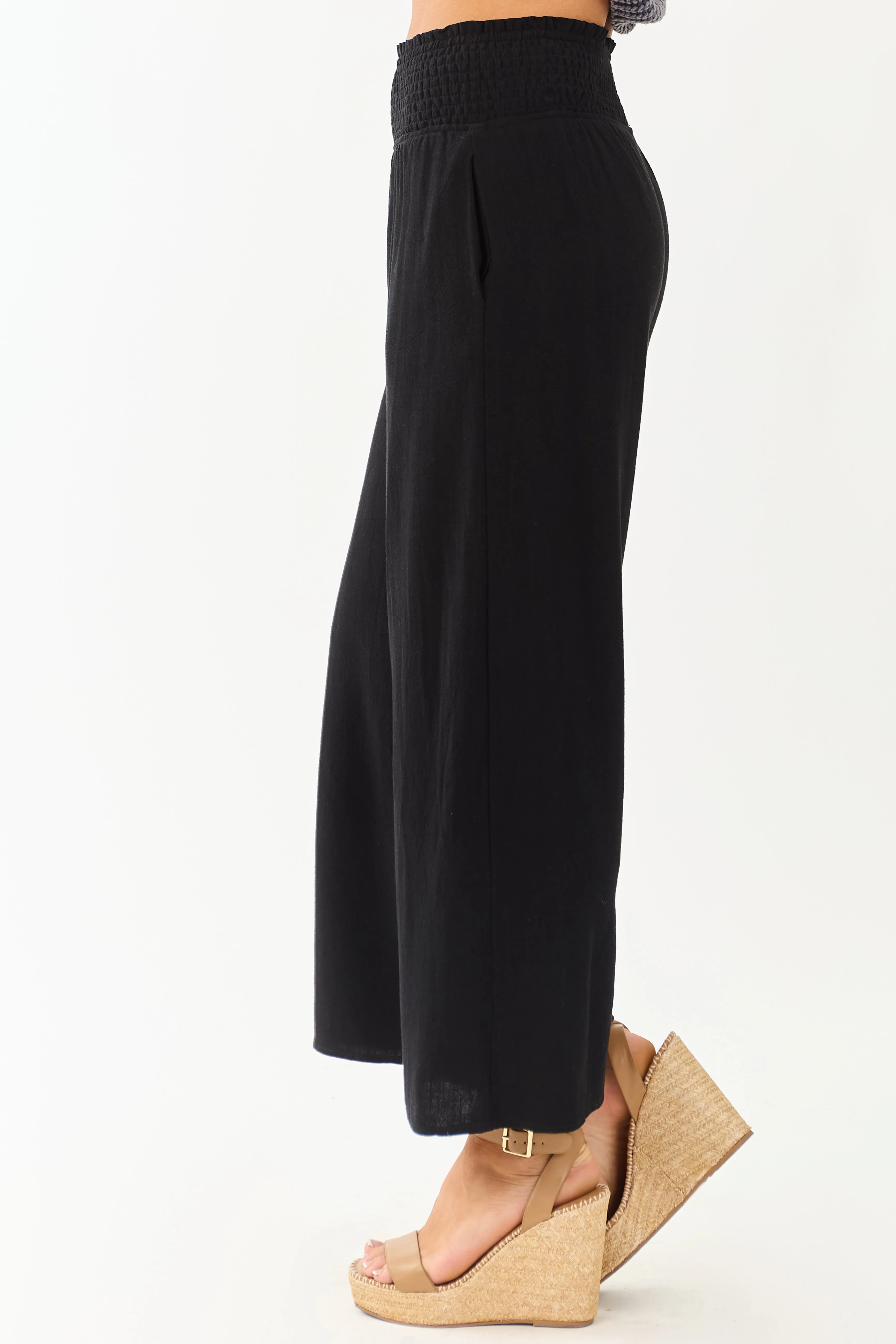 Black Smocked Waist Flowy Wide Leg Pants sold by Lime Lush product image thumbnail 3