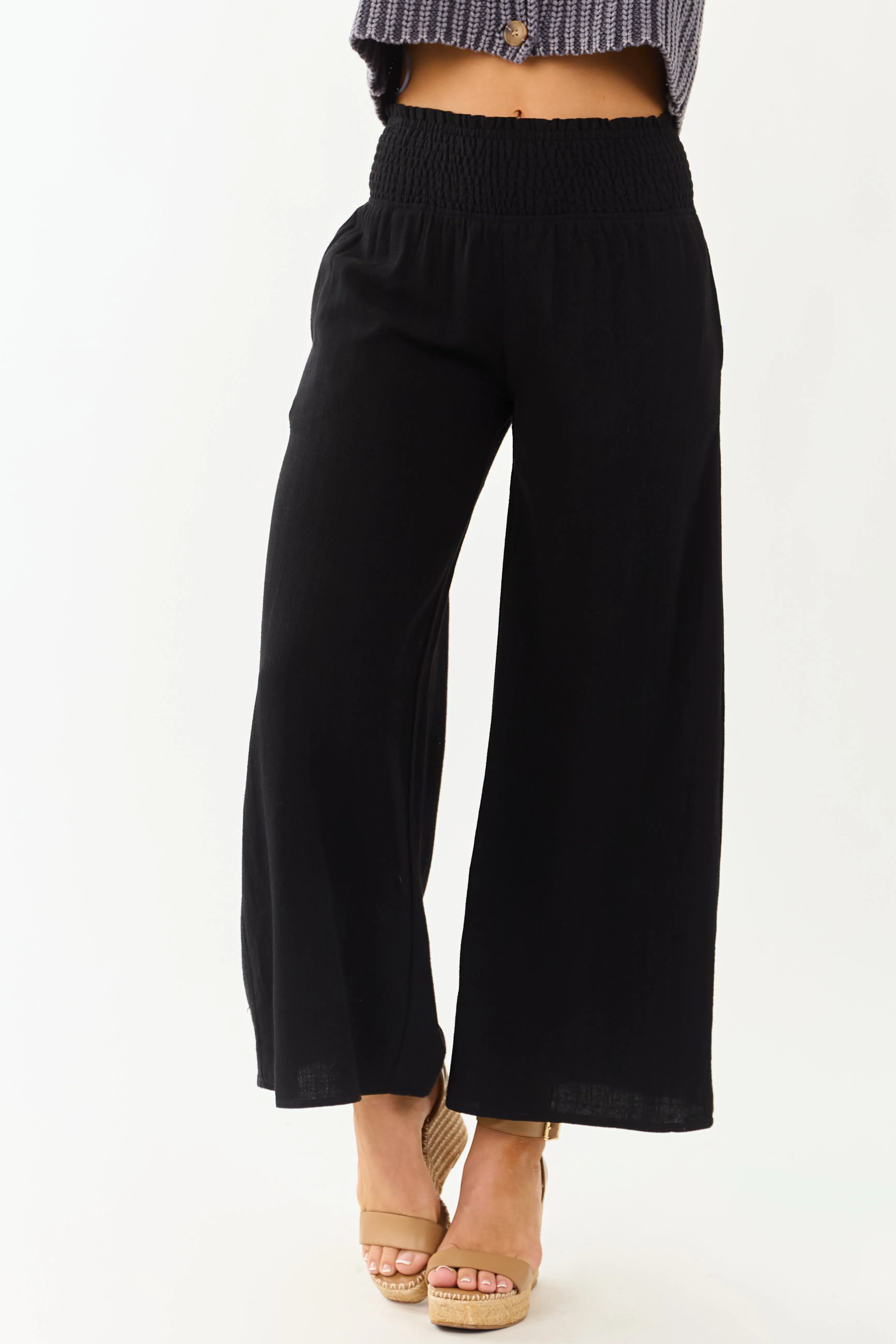 Black Smocked Waist Flowy Wide Leg Pants sold by Lime Lush product image thumbnail 2