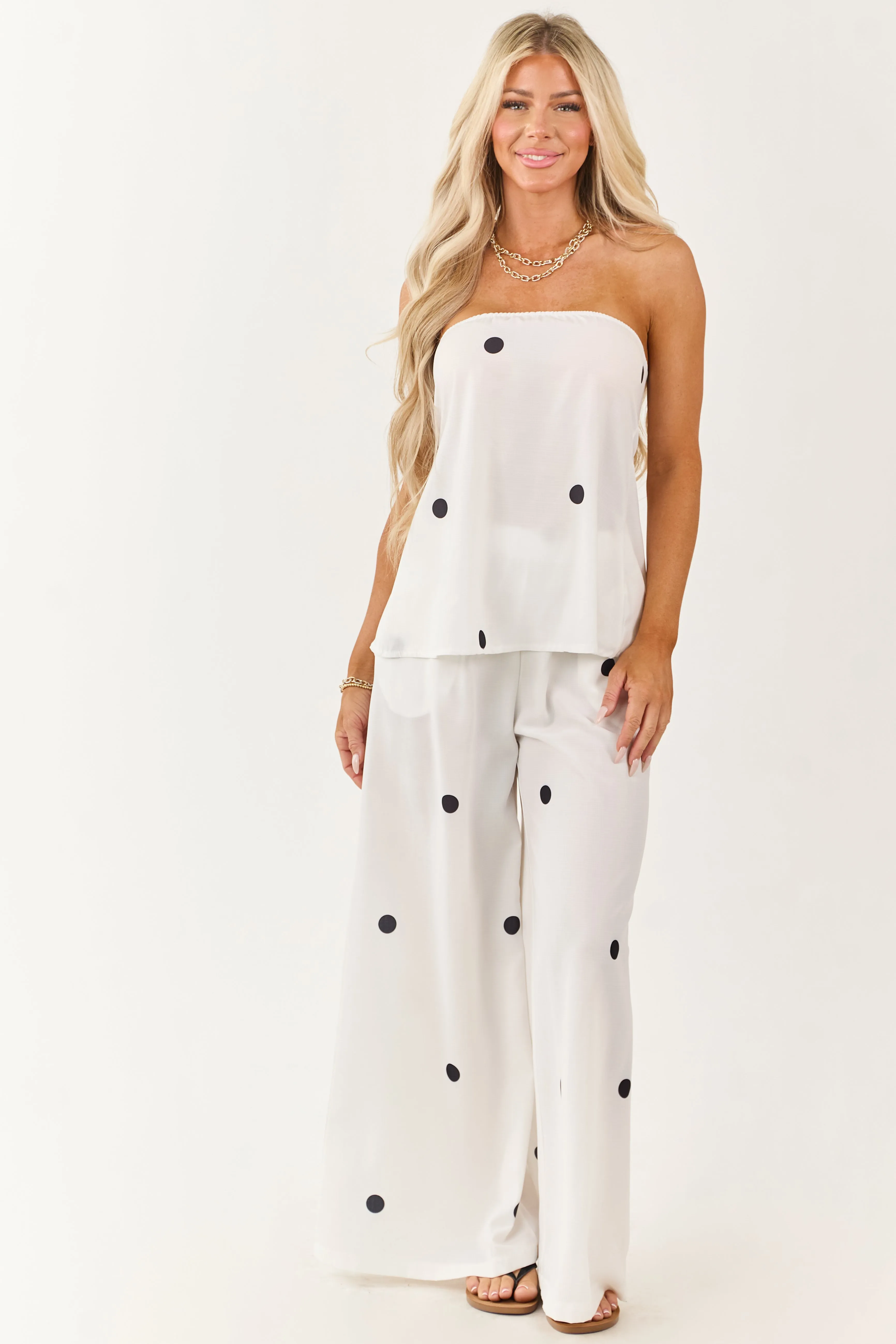 White Polka Dot Strapless Top and Wide Leg Pants Set sold by Lime Lush product image thumbnail 3