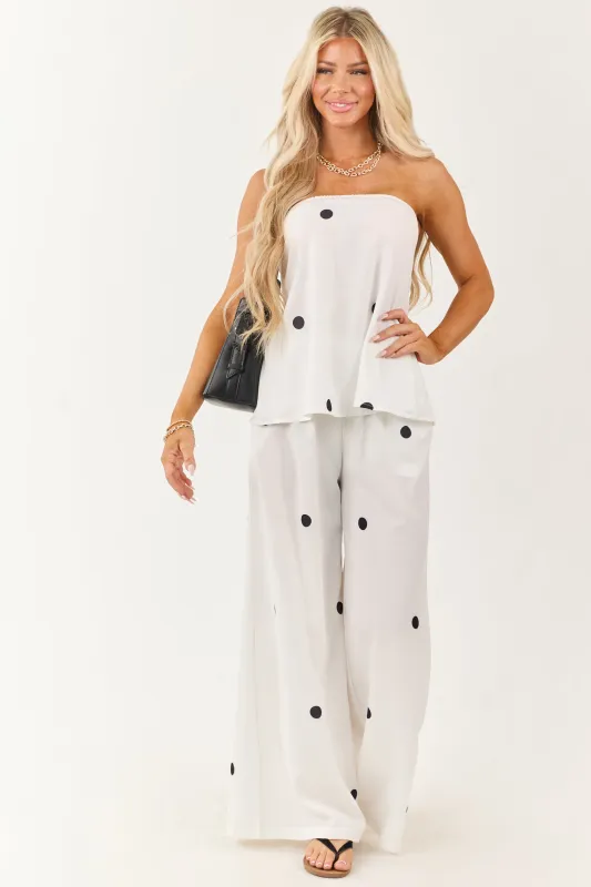 White Polka Dot Strapless Top and Wide Leg Pants Set sold by Lime Lush