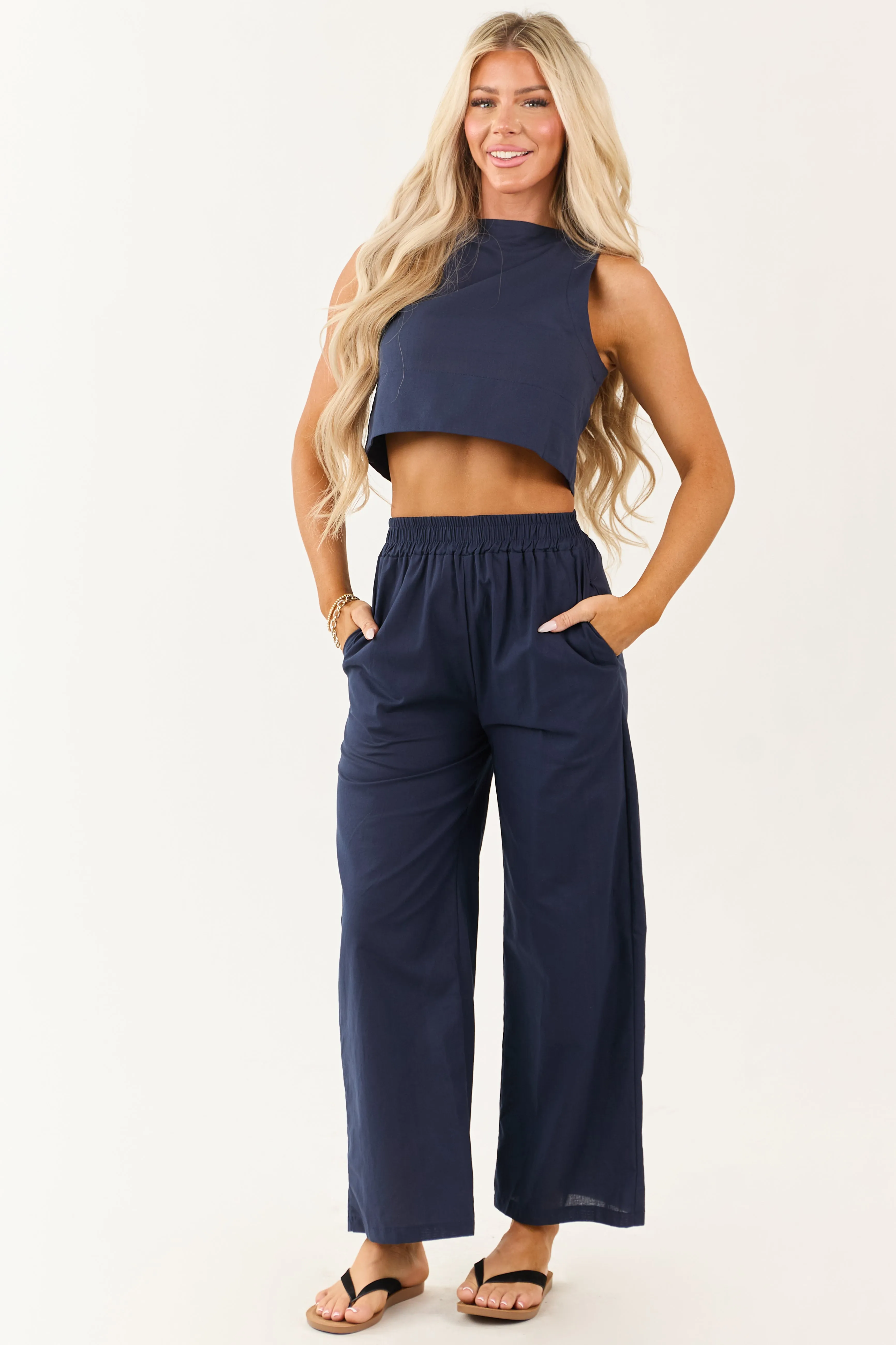 Navy Cropped Tank Top and Wide Leg Pants Set sold by Lime Lush product image thumbnail 3