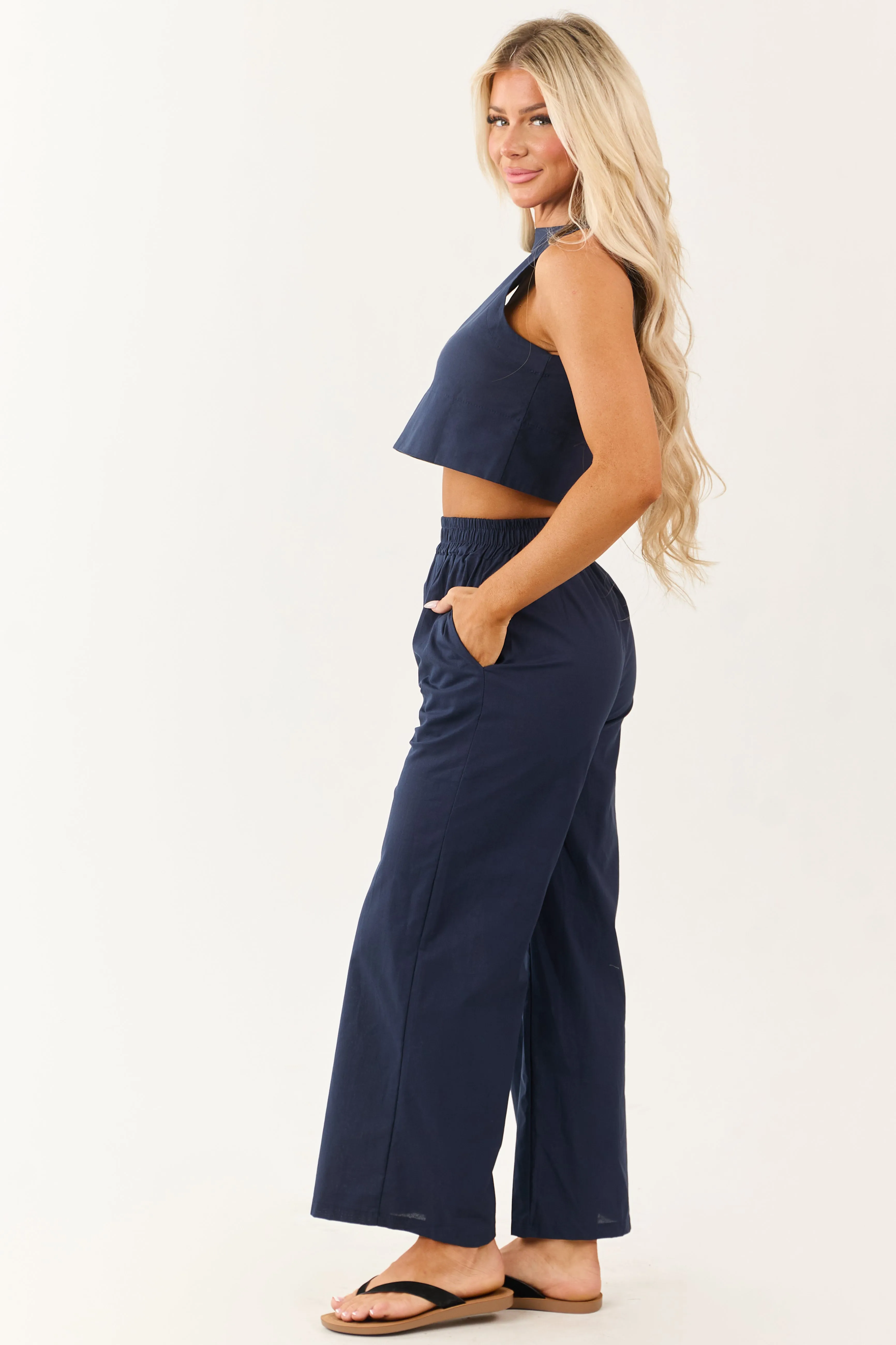 Navy Cropped Tank Top and Wide Leg Pants Set sold by Lime Lush product image thumbnail 4