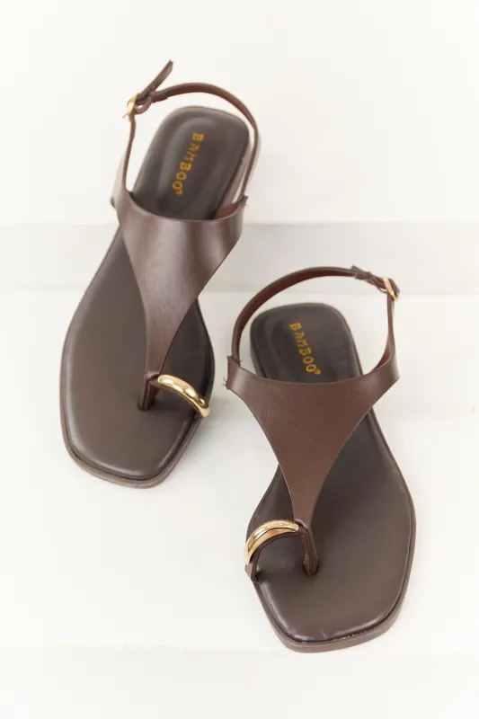 Chocolate Faux Leather Ring Toe Thong Sandals sold by Lime Lush