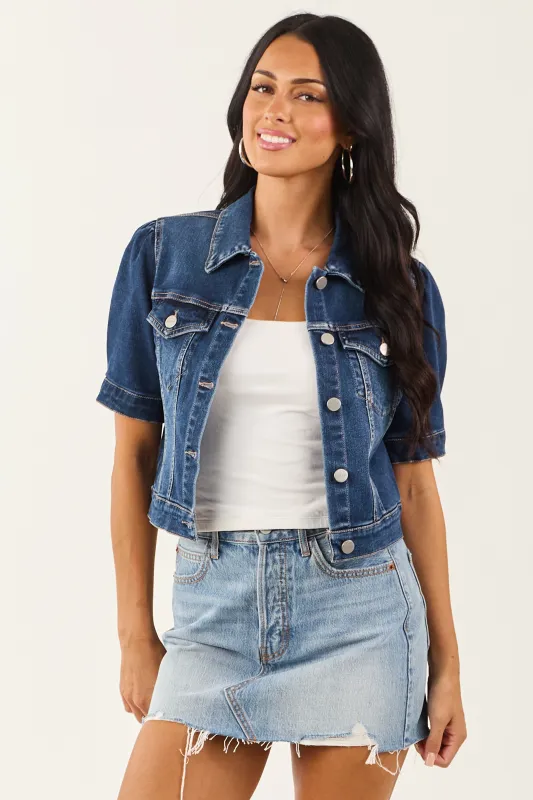 Risen Dark Wash Short Puff Sleeve Cropped Denim Jacket sold by Lime Lush