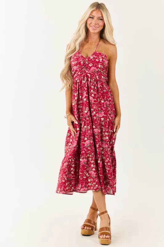 Hibiscus Floral Print Halter Tie Neck Midi Dress sold by Lime Lush