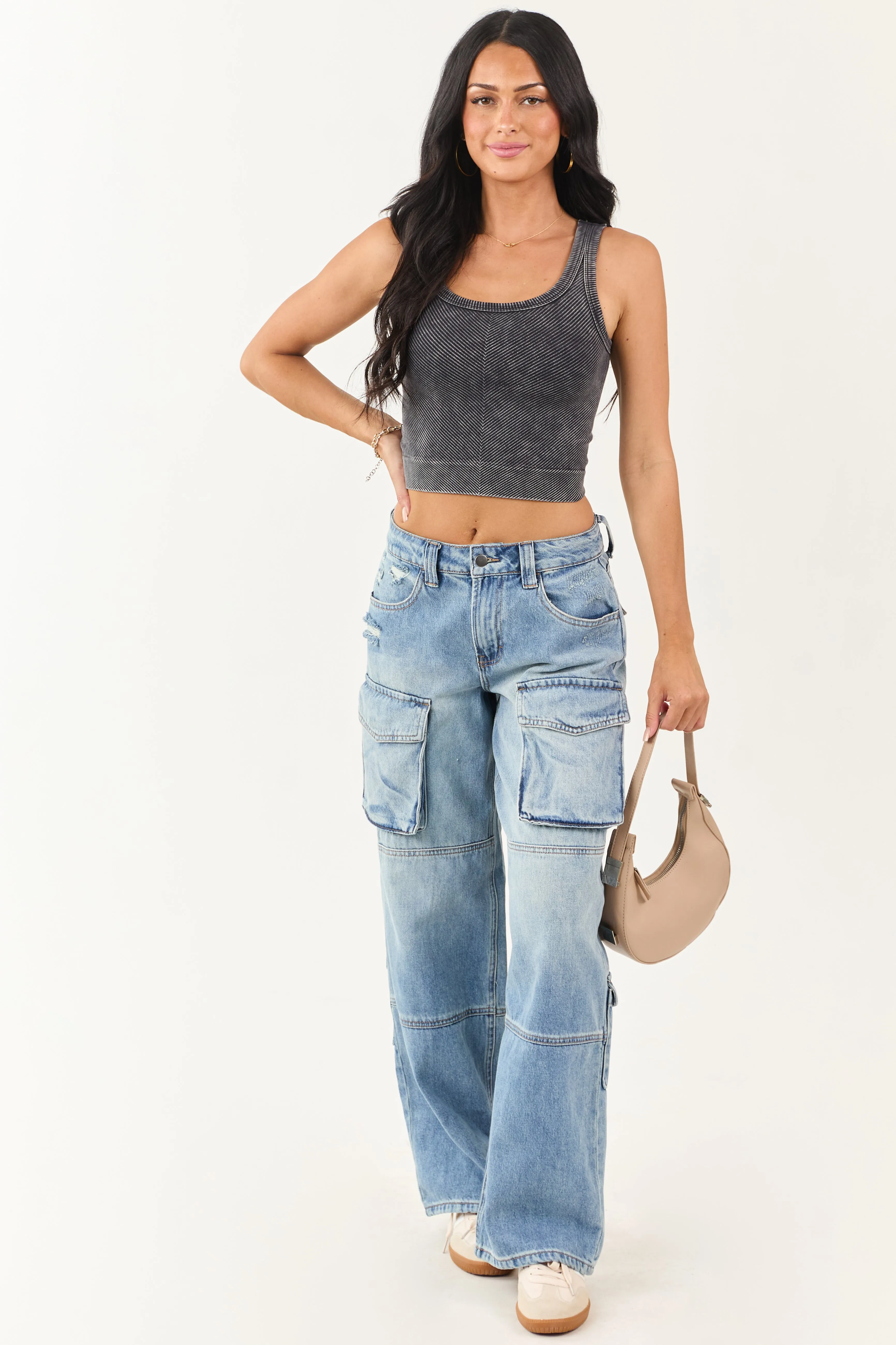 Black Stone Wash Cropped Knit Tank Top sold by Lime Lush product image thumbnail 3